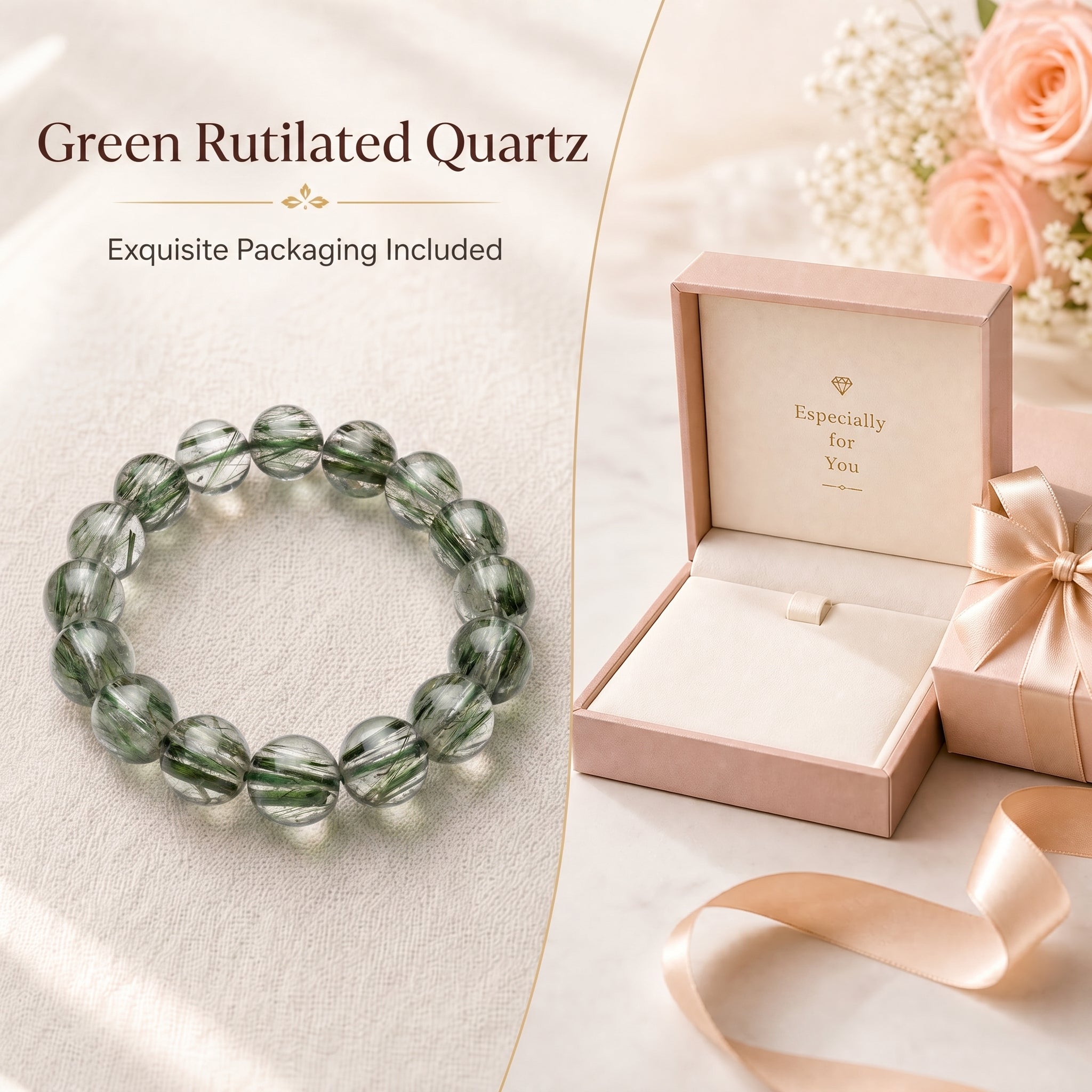Premium Green Rutilated Quartz Beaded Bracelet | Hand-Polished Natural Gemstone Jewelry for Abundance