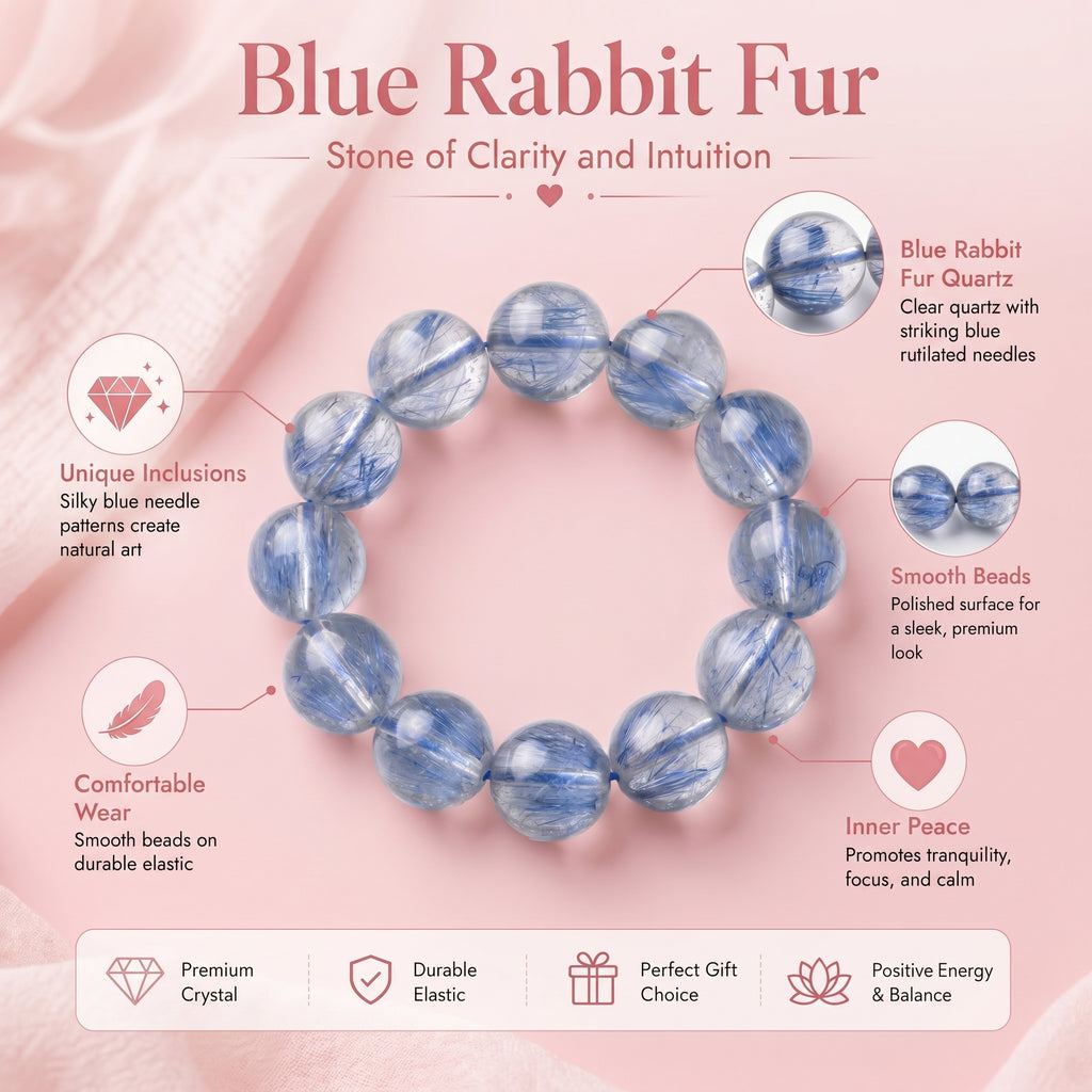 Premium Blue Rabbit Hair Quartz Beaded Bracelet | Hand-Polished Natural Gemstone Jewelry for Inner Peace & Clarity