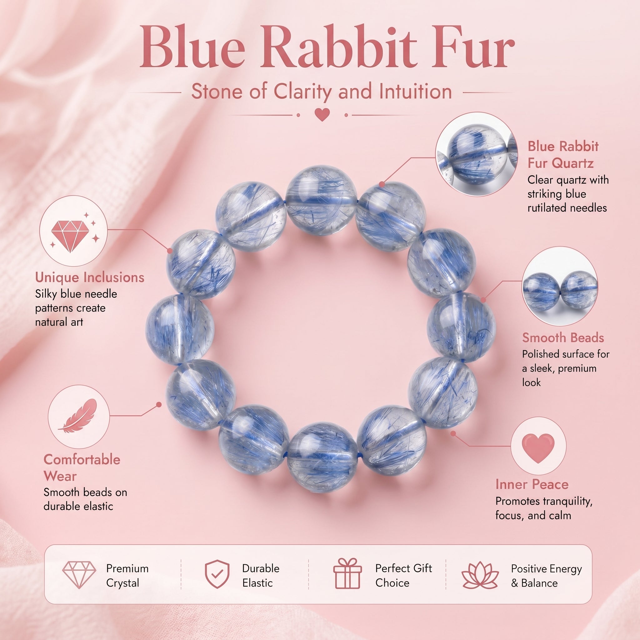 Premium Blue Rabbit Hair Quartz Beaded Bracelet | Hand-Polished Natural Gemstone Jewelry for Inner Peace & Clarity
