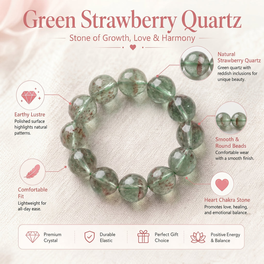 Premium Green Strawberry Quartz Beaded Bracelet | Hand-Polished Natural Crystal Jewelry for Harmony & Energy