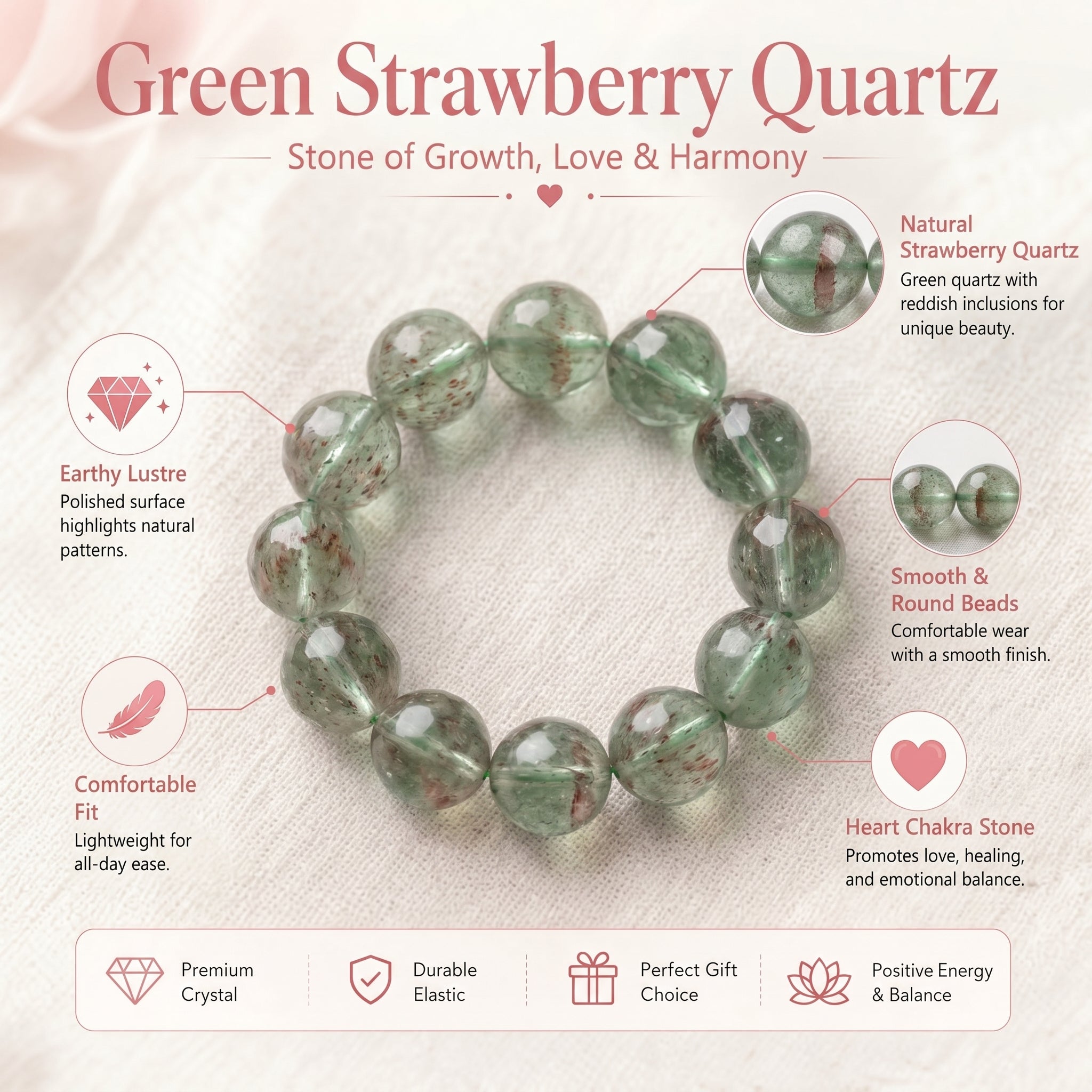 Premium Green Strawberry Quartz Beaded Bracelet | Hand-Polished Natural Crystal Jewelry for Harmony & Energy