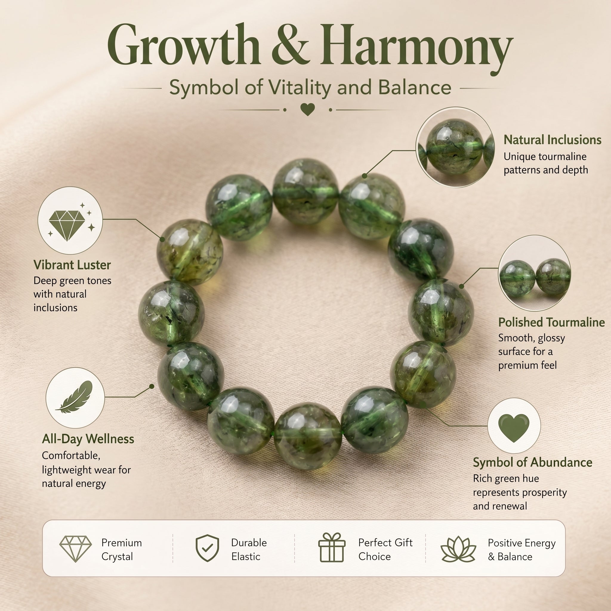 Premium Green Tourmaline Beaded Bracelet | Hand-Polished Natural Gemstone Jewelry for Harmony & Growth