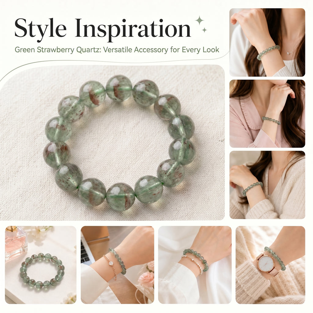 Premium Green Strawberry Quartz Beaded Bracelet | Hand-Polished Natural Crystal Jewelry for Harmony & Energy