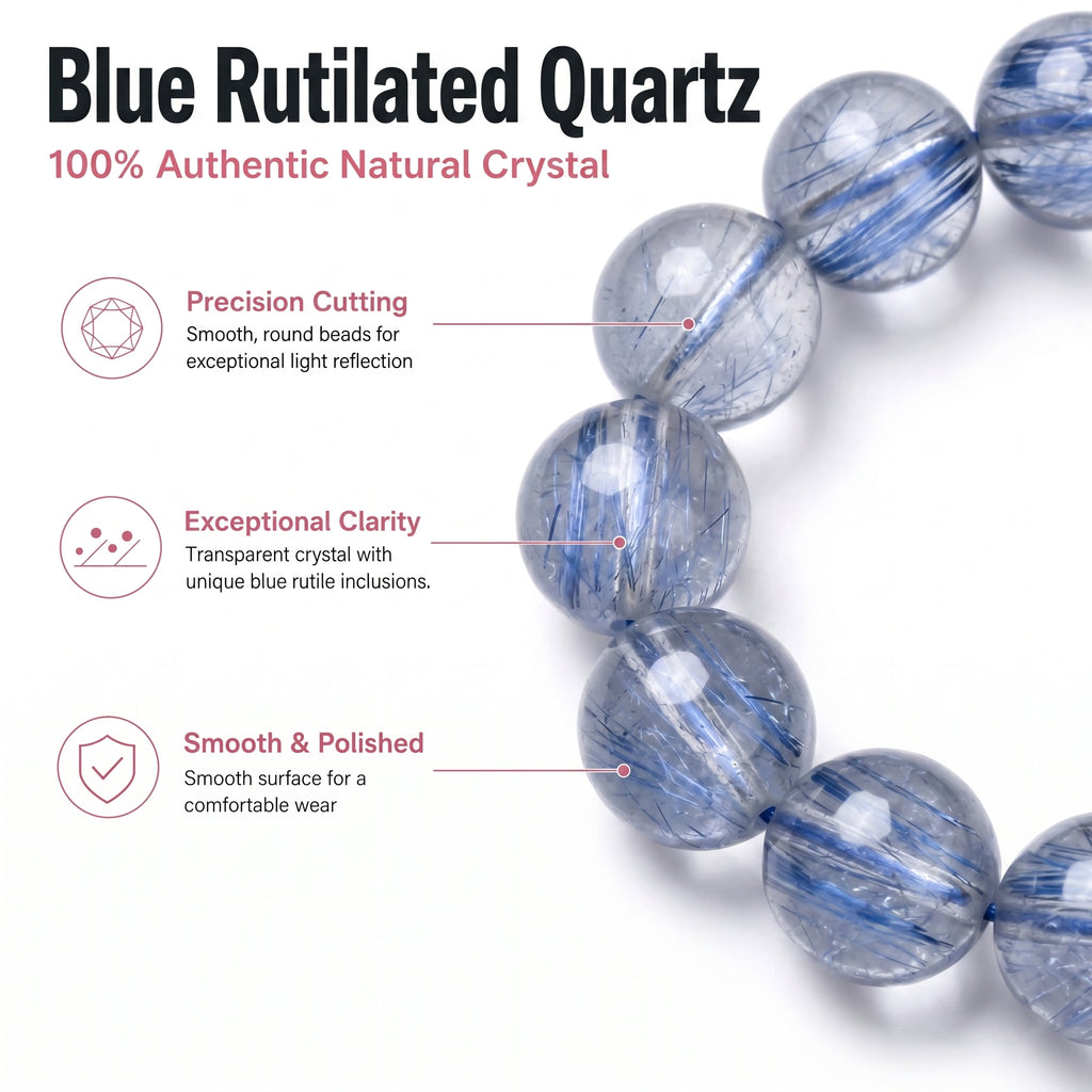 Premium Blue Rutilated Quartz Beaded Bracelet | Hand-Polished Natural Gemstone Jewelry for Abundance