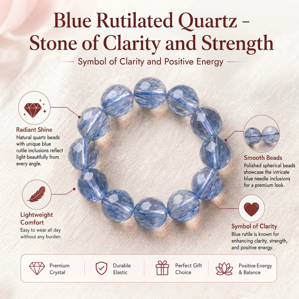 Premium Blue Rutilated Quartz Beaded Bracelet | Hand-Polished Natural Gemstone Jewelry for Abundance