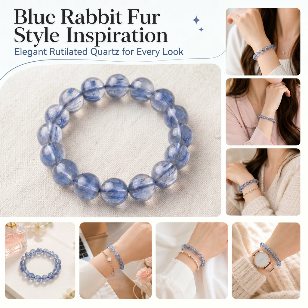 Premium Blue Rabbit Hair Quartz Beaded Bracelet | Hand-Polished Natural Gemstone Jewelry for Inner Peace & Clarity
