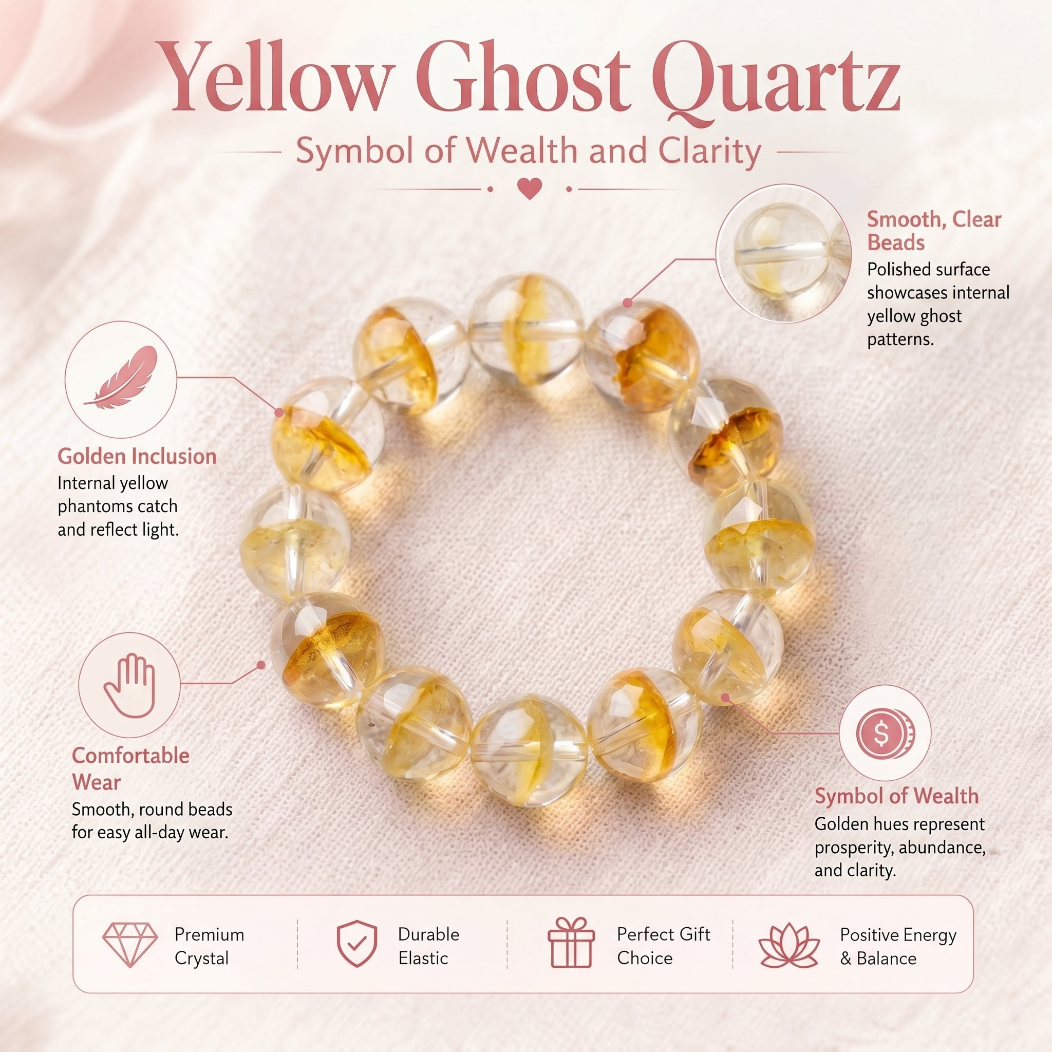 Premium Yellow Phantom Quartz Beaded Bracelet | Hand-Polished Natural Crystal Jewelry for Abundance & Success
