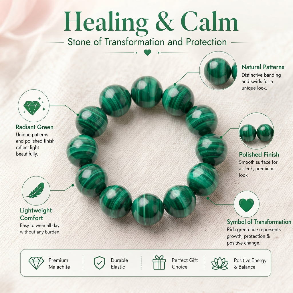Premium Malachite Beaded Bracelet | Hand-Polished Natural Gemstone Jewelry for Protection & Harmony