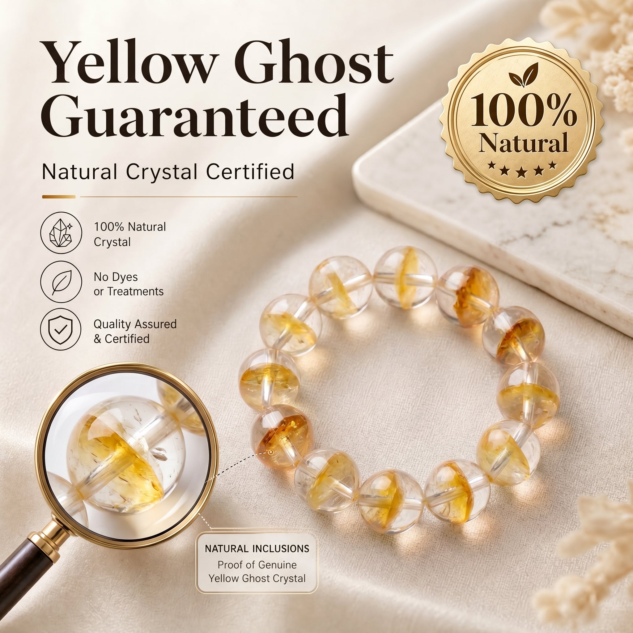 Premium Yellow Phantom Quartz Beaded Bracelet | Hand-Polished Natural Crystal Jewelry for Abundance & Success