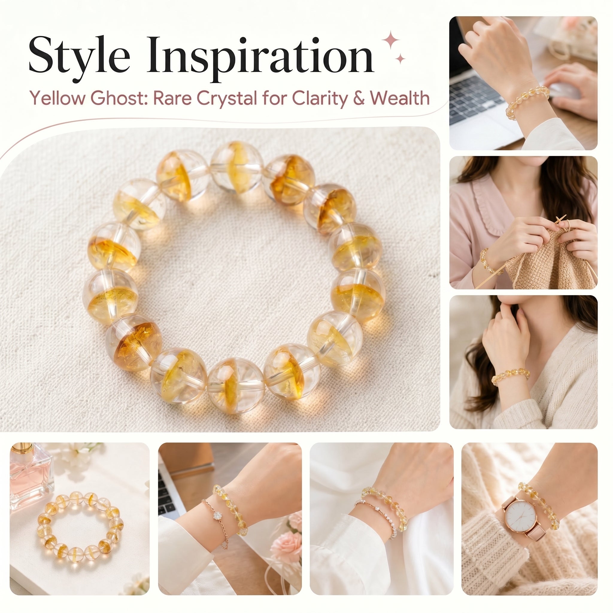 Premium Yellow Phantom Quartz Beaded Bracelet | Hand-Polished Natural Crystal Jewelry for Abundance & Success