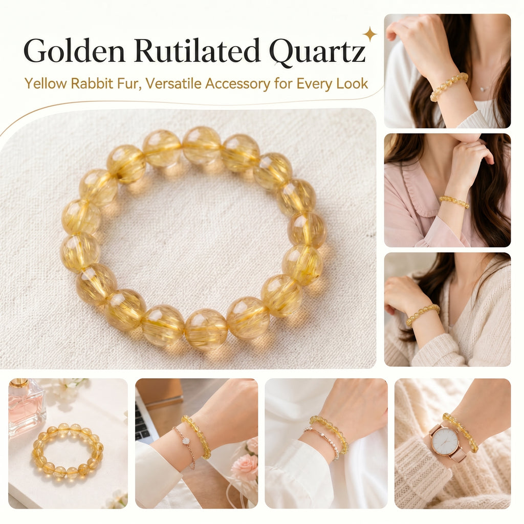 Premium Yellow Rabbit Hair Quartz Bracelet | Hand-Polished Natural Gemstone Jewelry for Joy & Prosperity