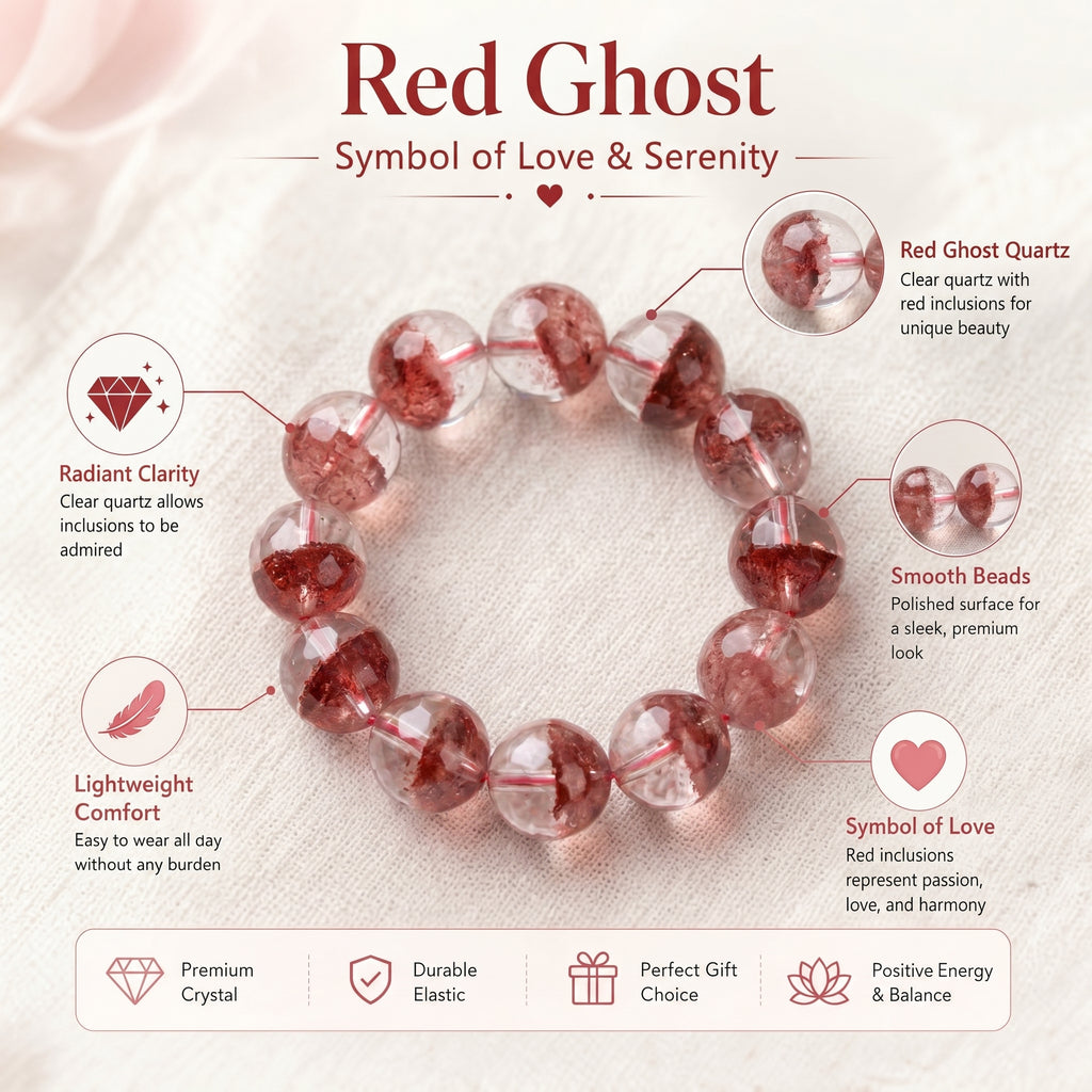 Premium Red Phantom Quartz Beaded Bracelet | Hand-Polished Natural Crystal Jewelry for Wealth & Passion
