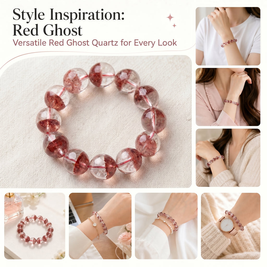 Premium Red Phantom Quartz Beaded Bracelet | Hand-Polished Natural Crystal Jewelry for Wealth & Passion