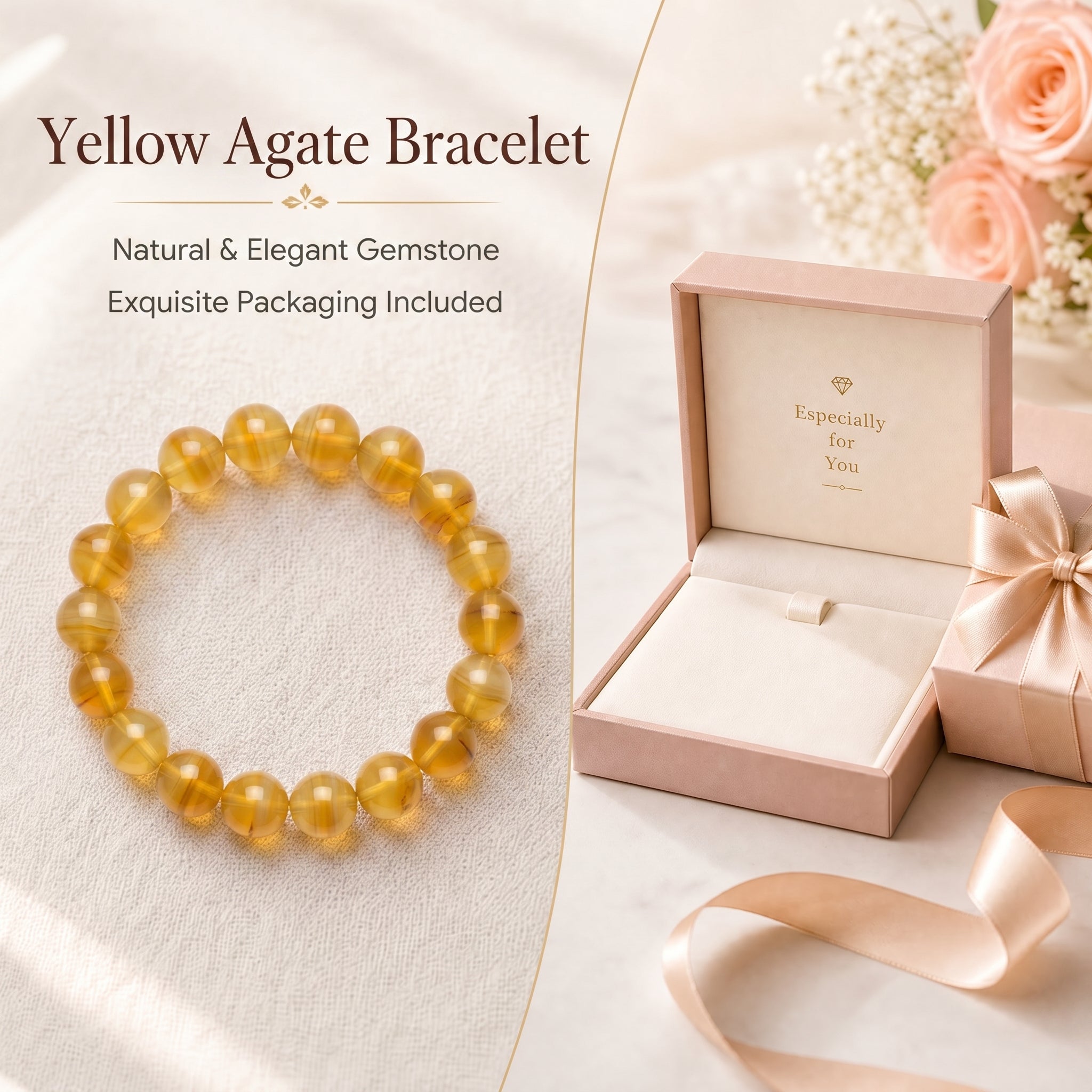 Premium Yellow Agate Beaded Bracelet | Hand-Polished Natural Gemstone Jewelry for Joy & Balance