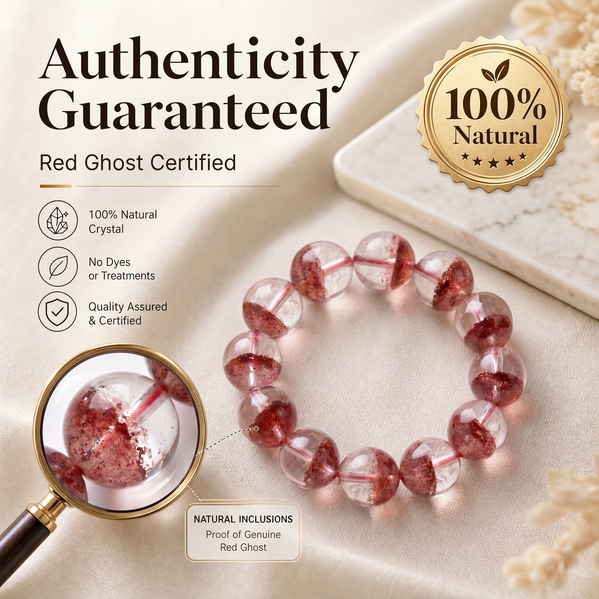 Premium Red Phantom Quartz Beaded Bracelet | Hand-Polished Natural Crystal Jewelry for Wealth & Passion