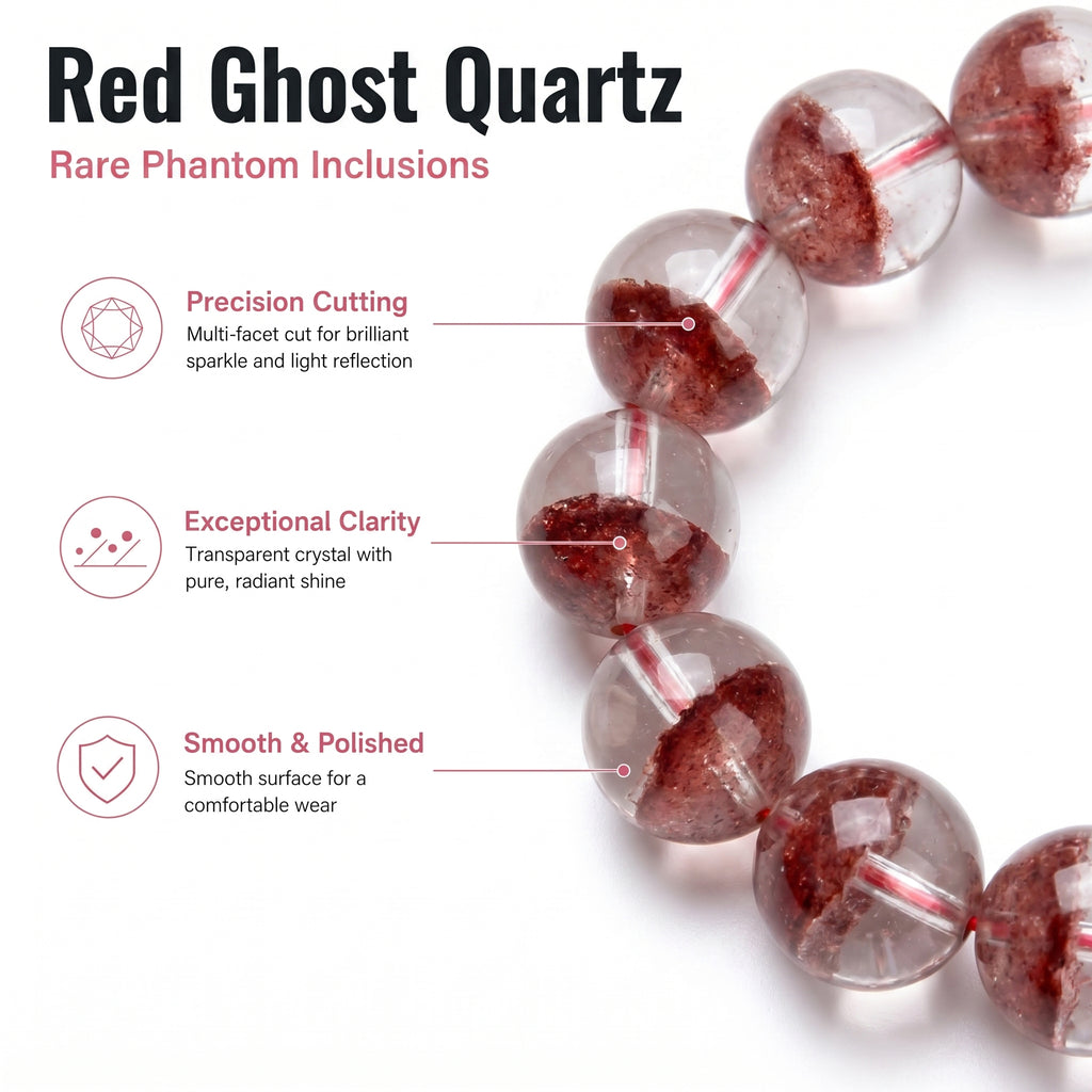 Premium Red Phantom Quartz Beaded Bracelet | Hand-Polished Natural Crystal Jewelry for Wealth & Passion