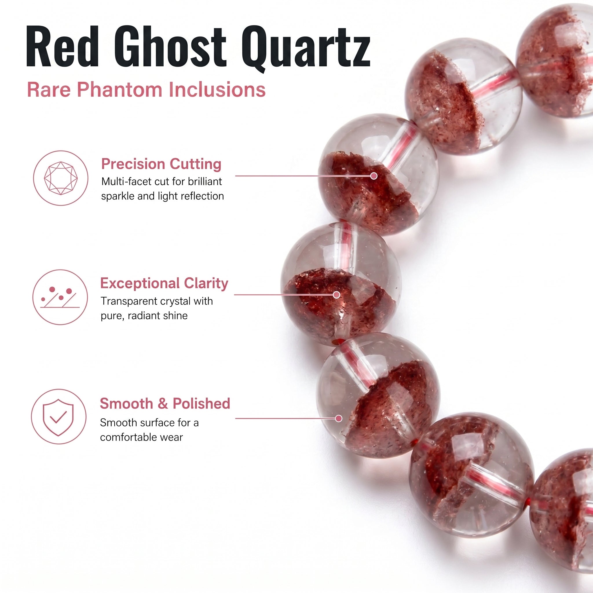 Premium Red Phantom Quartz Beaded Bracelet | Hand-Polished Natural Crystal Jewelry for Wealth & Passion