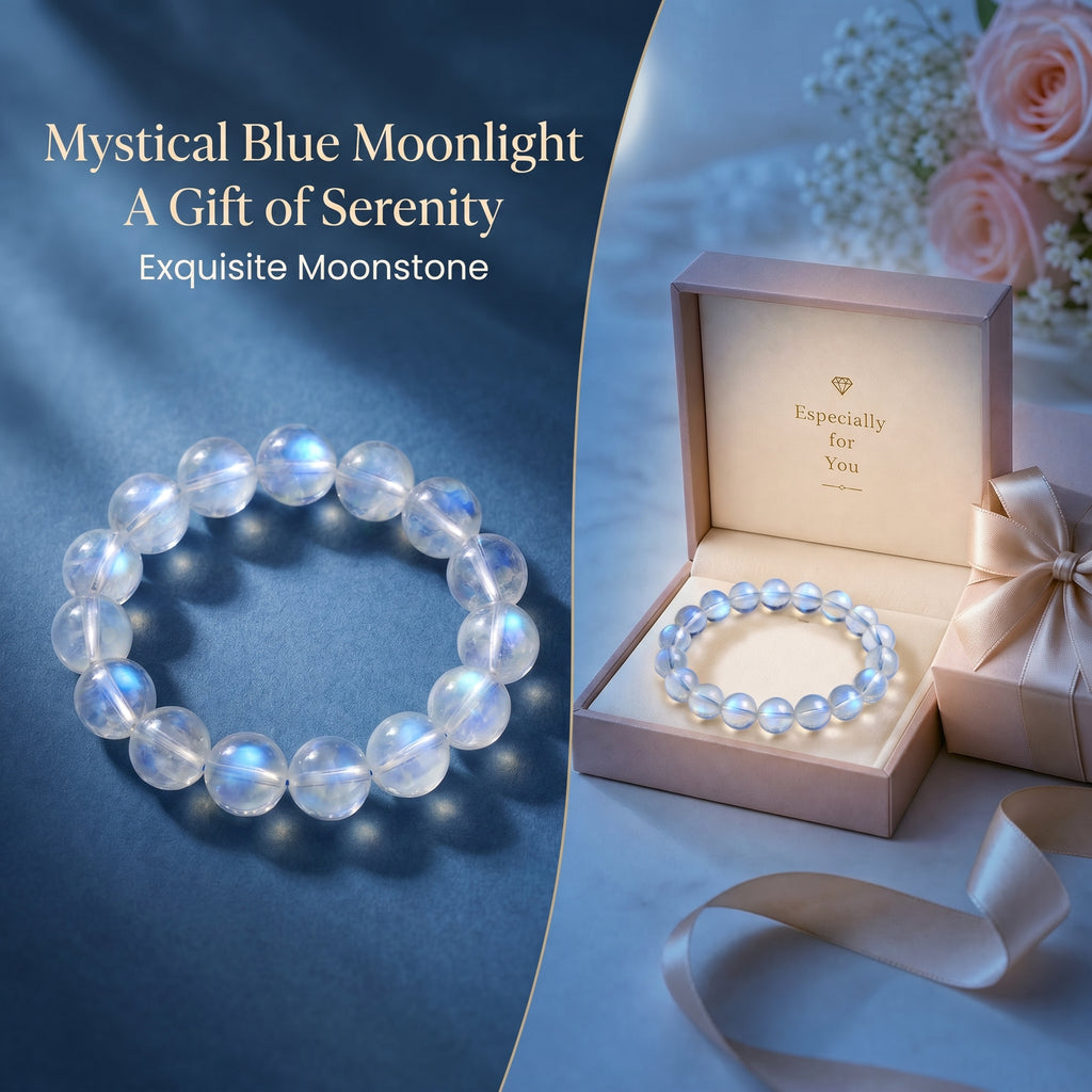 Premium Blue Moonstone Beaded Bracelet | Hand-Polished Natural Gemstone Jewelry for Calm & Intuition