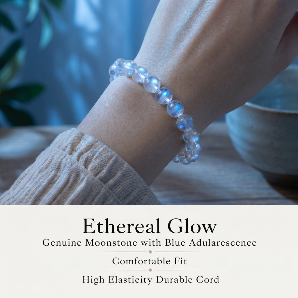 Premium Blue Moonstone Beaded Bracelet | Hand-Polished Natural Gemstone Jewelry for Calm & Intuition