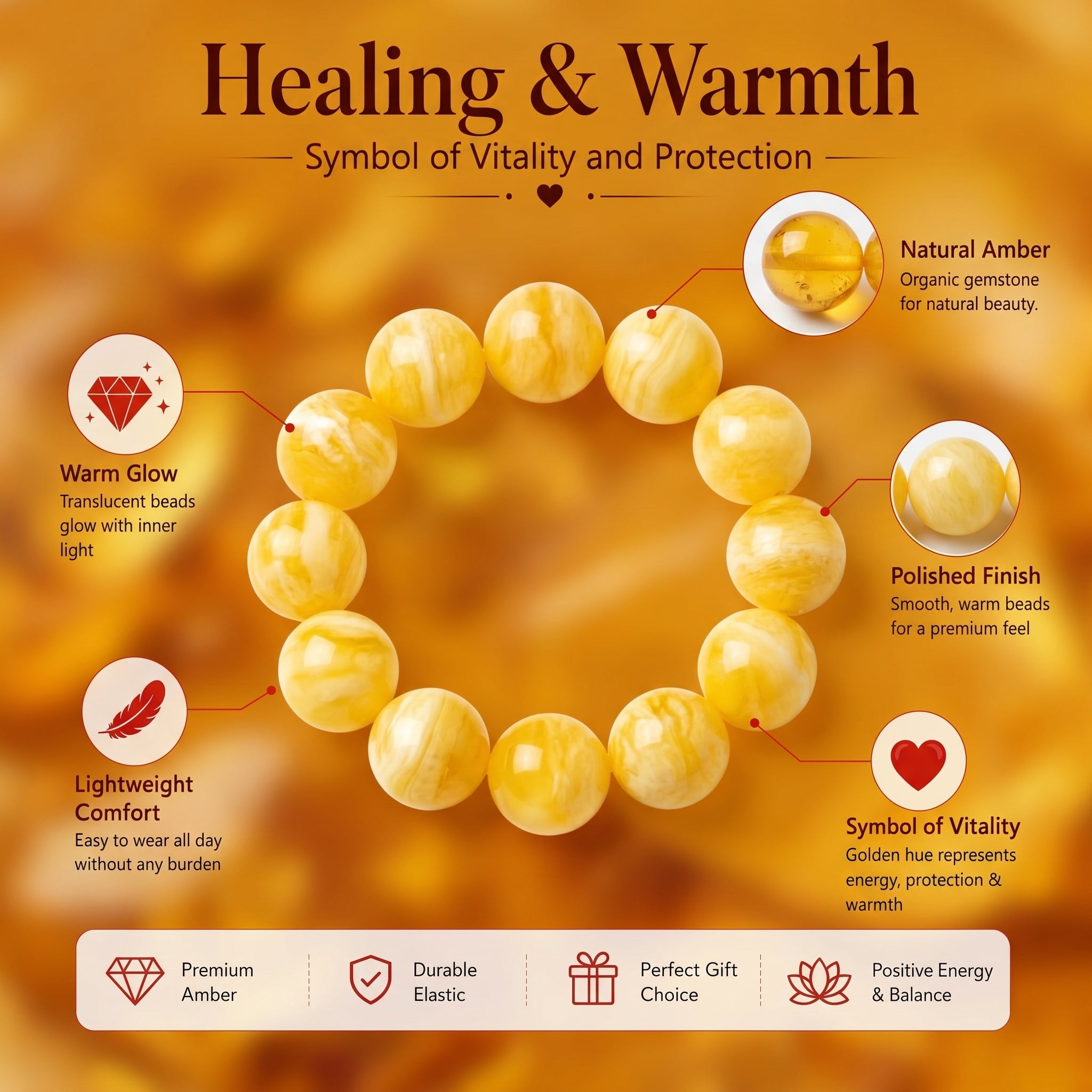 Premium Amber & Crystal Beaded Bracelet | Hand-Polished Organic Gemstone Jewelry for Warmth & Balance