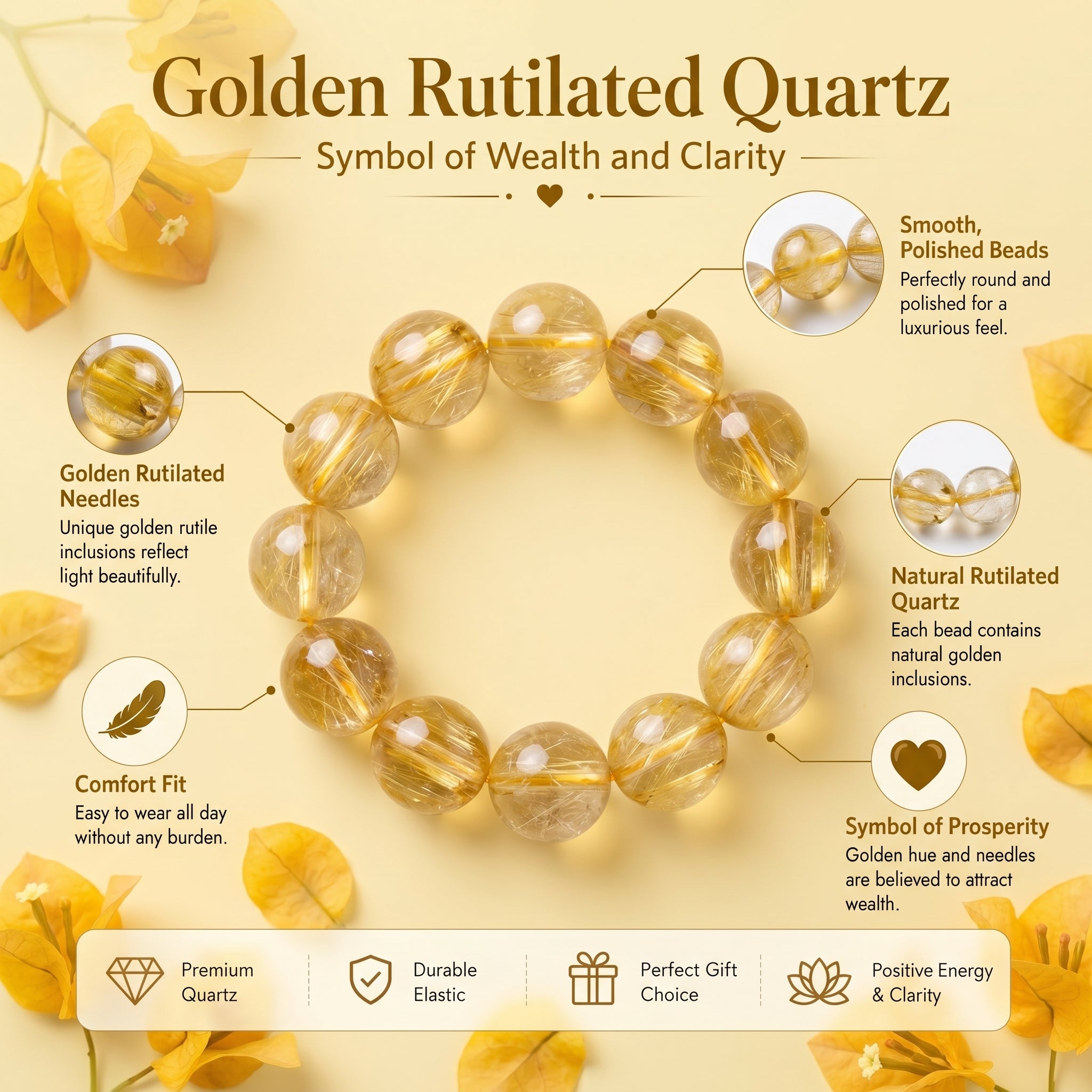 Premium Yellow Hematoid Quartz Beaded Bracelet | Hand-Polished Natural Gemstone Jewelry for Energy & Manifestation