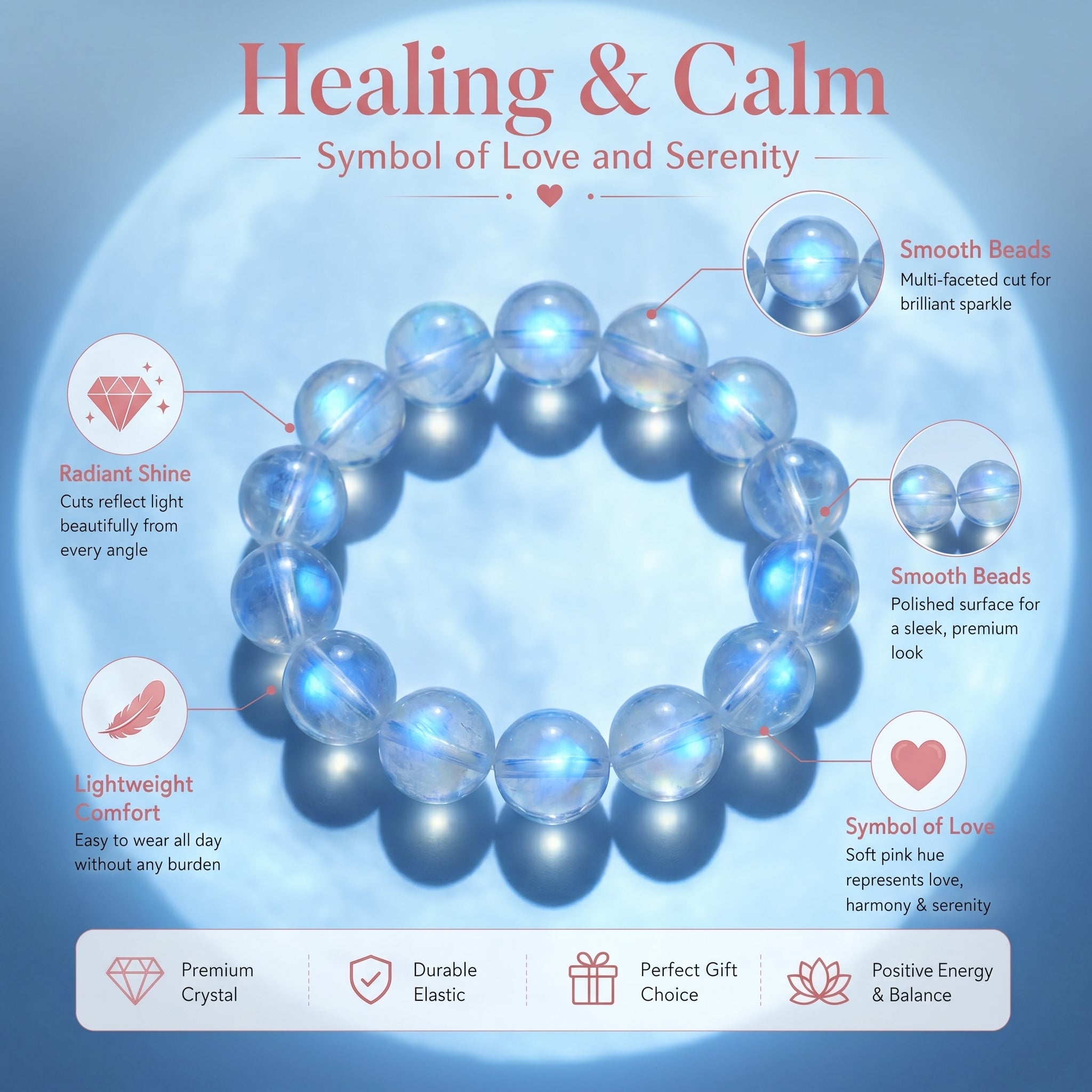 Premium Blue Moonstone Beaded Bracelet | Hand-Polished Natural Gemstone Jewelry for Calm & Intuition
