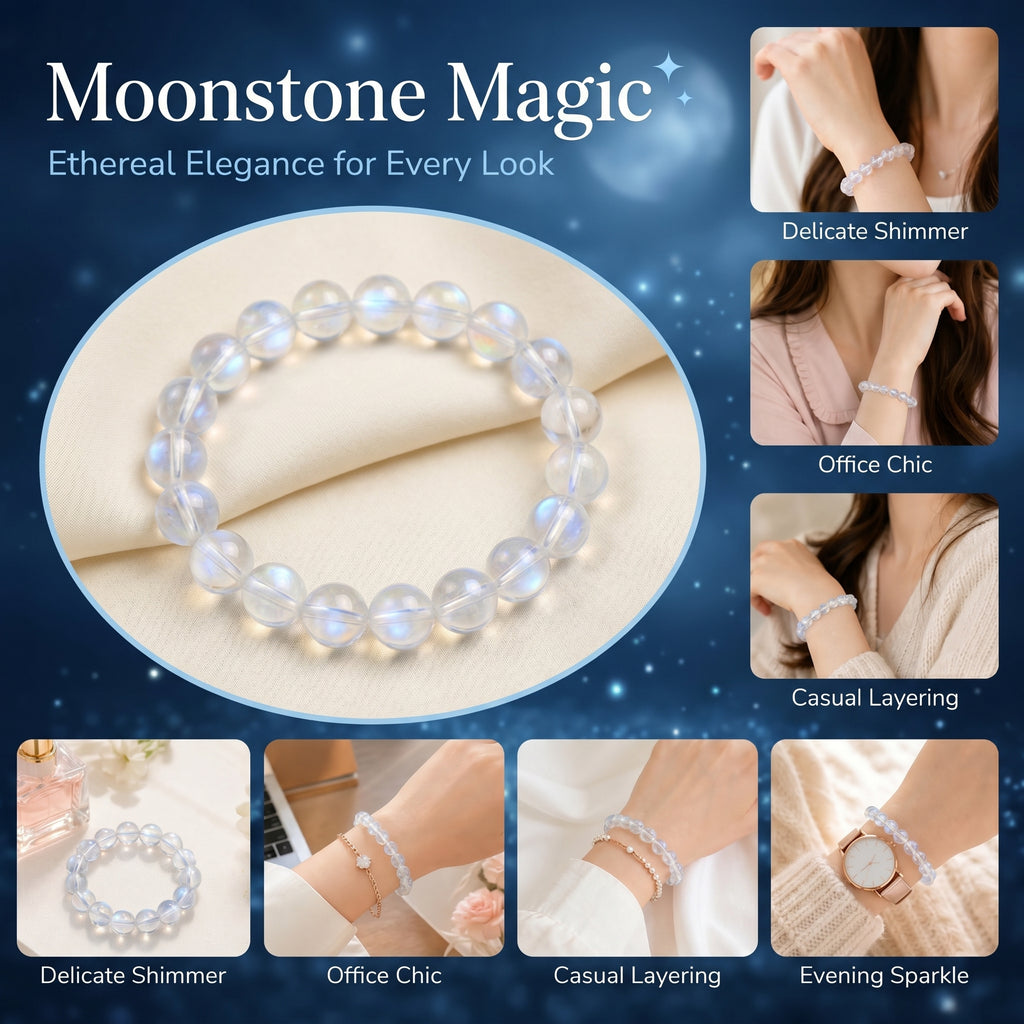 Premium Blue Moonstone Beaded Bracelet | Hand-Polished Natural Gemstone Jewelry for Calm & Intuition