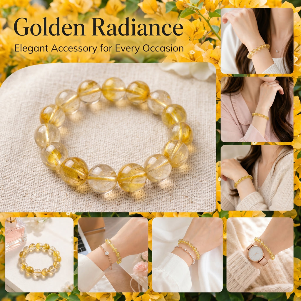 Premium Yellow Hematoid Quartz Beaded Bracelet | Hand-Polished Natural Gemstone Jewelry for Energy & Manifestation