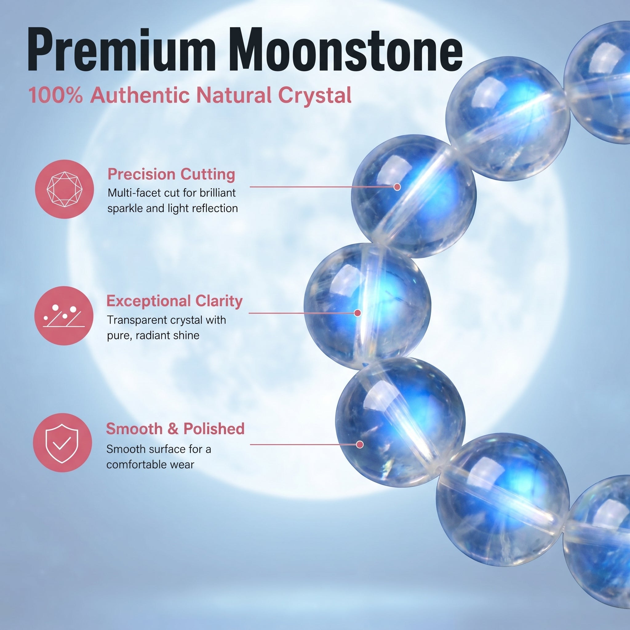 Premium Blue Moonstone Beaded Bracelet | Hand-Polished Natural Gemstone Jewelry for Calm & Intuition