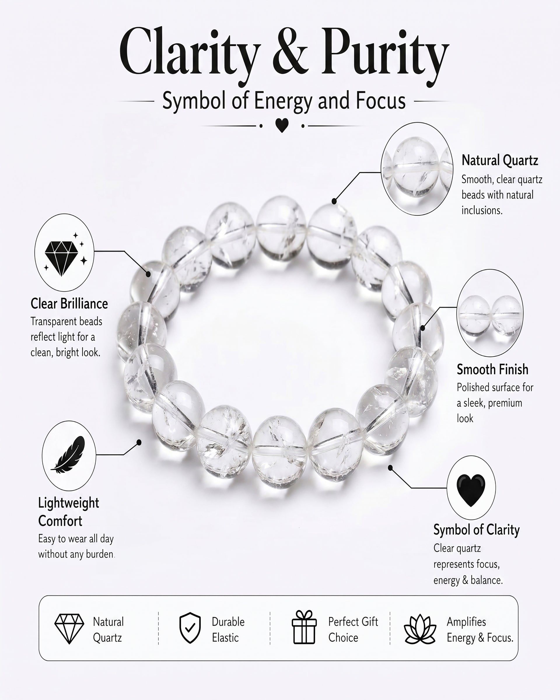 Premium Clear Quartz Beaded Bracelet | Hand-Polished Natural Gemstone Jewelry for Mindfulness & Balance