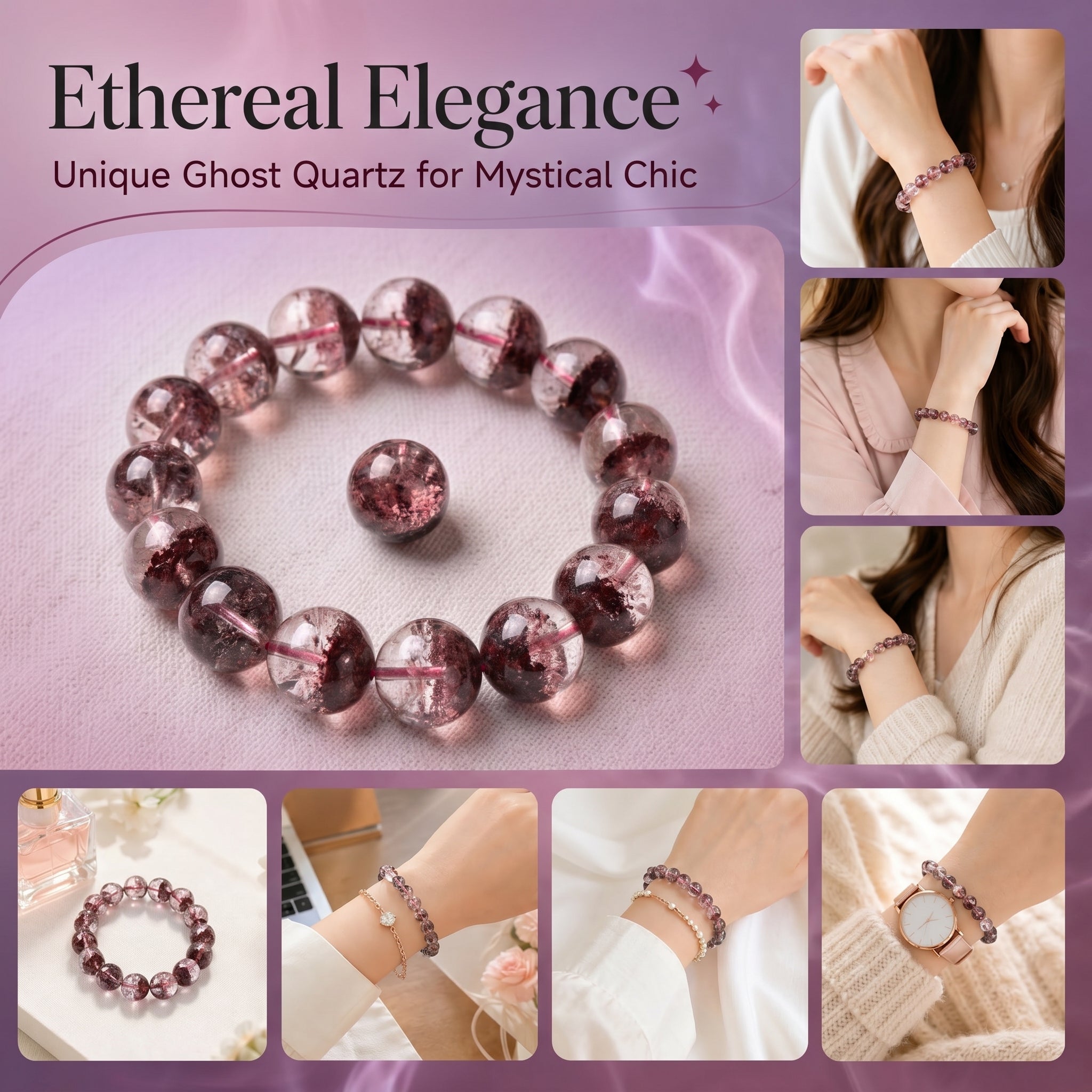 Dreamy Phantom Quartz Bracelet | The "Healing Stone" | Unique Lavender & Rose Crystal Jewelry