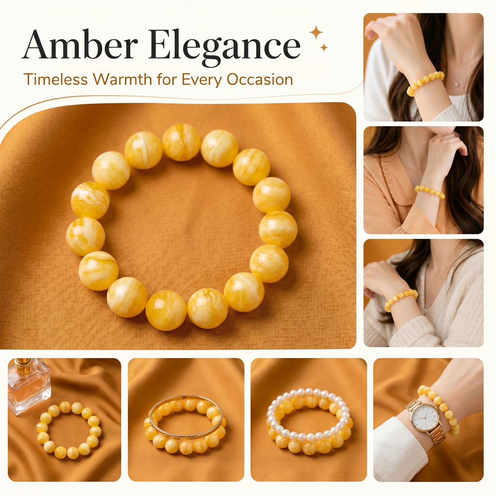 Premium Amber & Crystal Beaded Bracelet | Hand-Polished Organic Gemstone Jewelry for Warmth & Balance