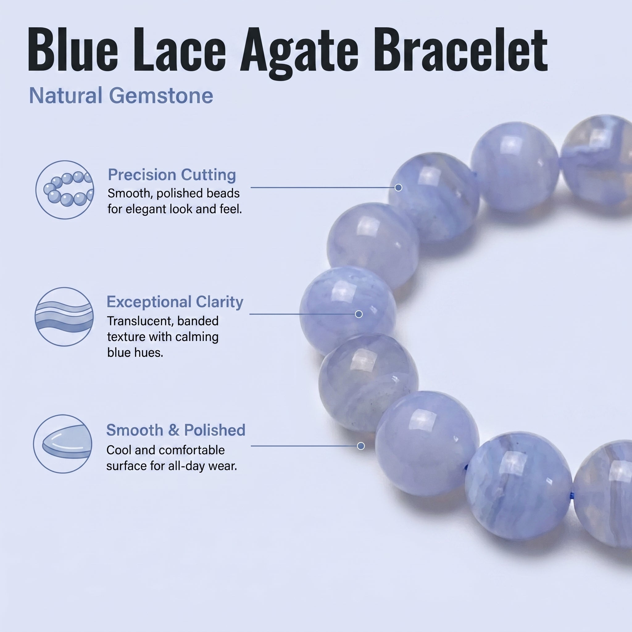 Premium Blue Lace Agate Beaded Bracelet | Hand-Polished Natural Gemstone Jewelry for Inner Peace