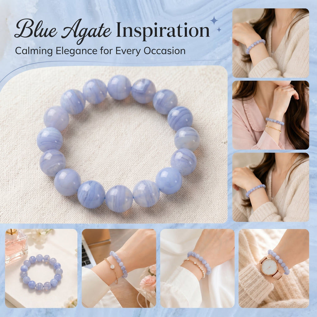Premium Blue Lace Agate Beaded Bracelet | Hand-Polished Natural Gemstone Jewelry for Inner Peace
