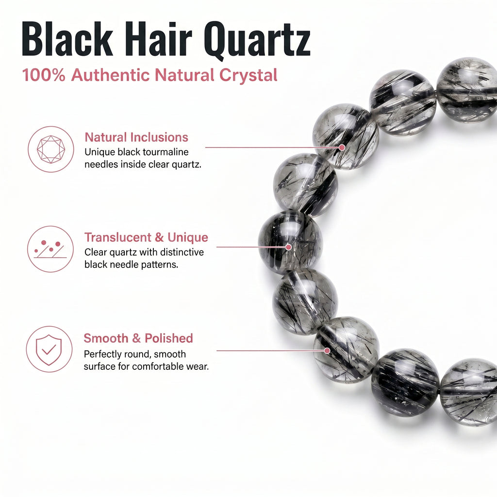 Premium Black Rutilated Quartz Beaded Bracelet | Hand-Polished Natural Gemstone Jewelry for Success & Clarity