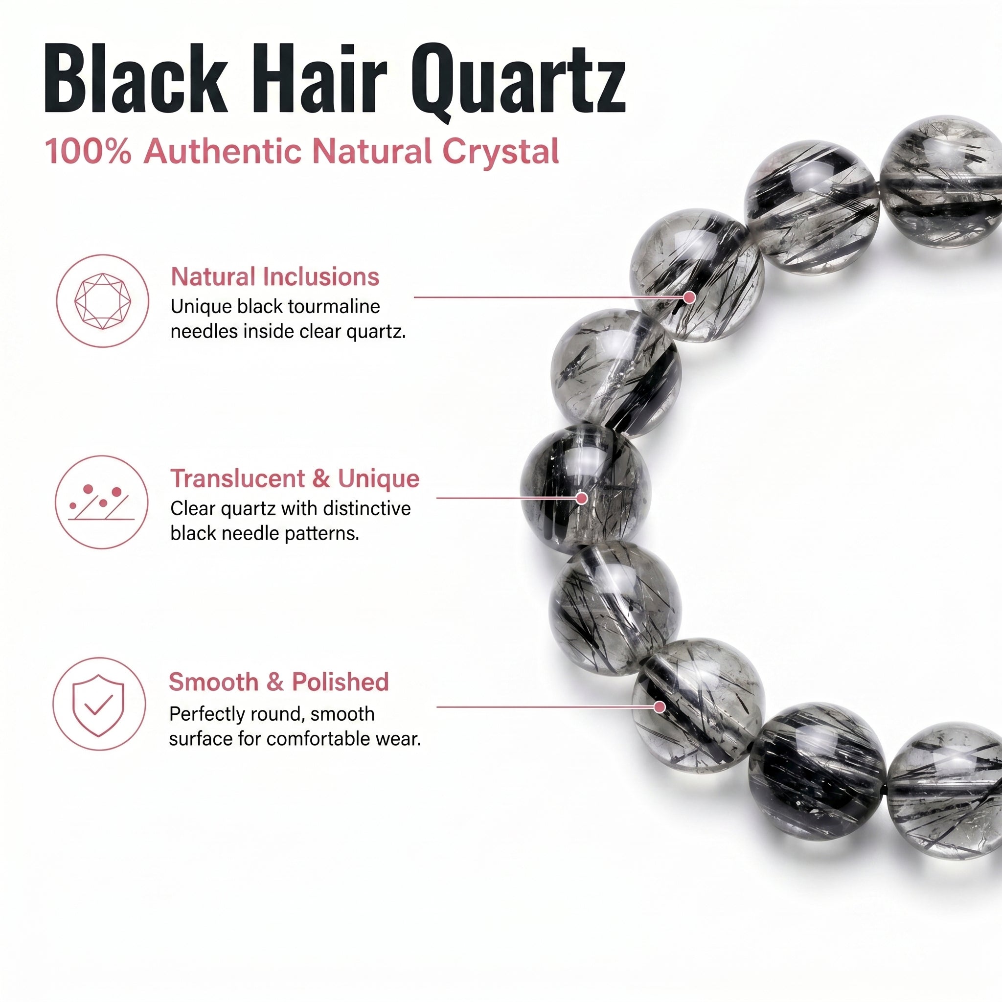Premium Black Rutilated Quartz Beaded Bracelet | Hand-Polished Natural Gemstone Jewelry for Success & Clarity