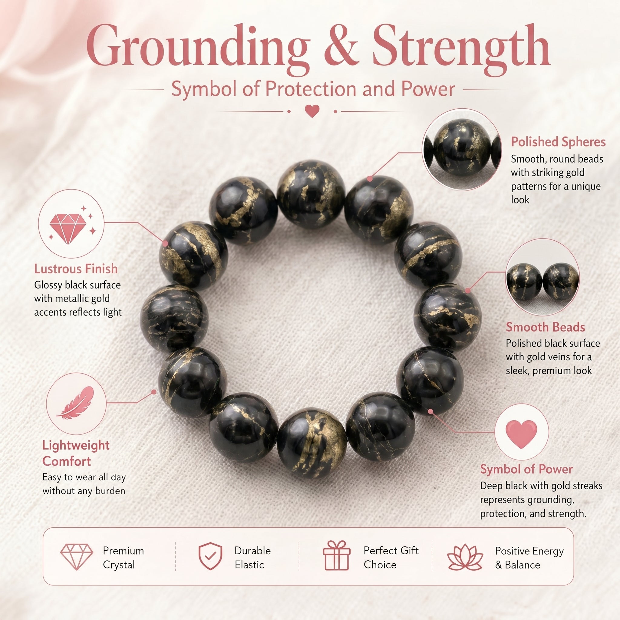 Premium Black Gold Azeztulite Beaded Bracelet | Hand-Polished Natural Gemstone Jewelry for Balance & Harmony
