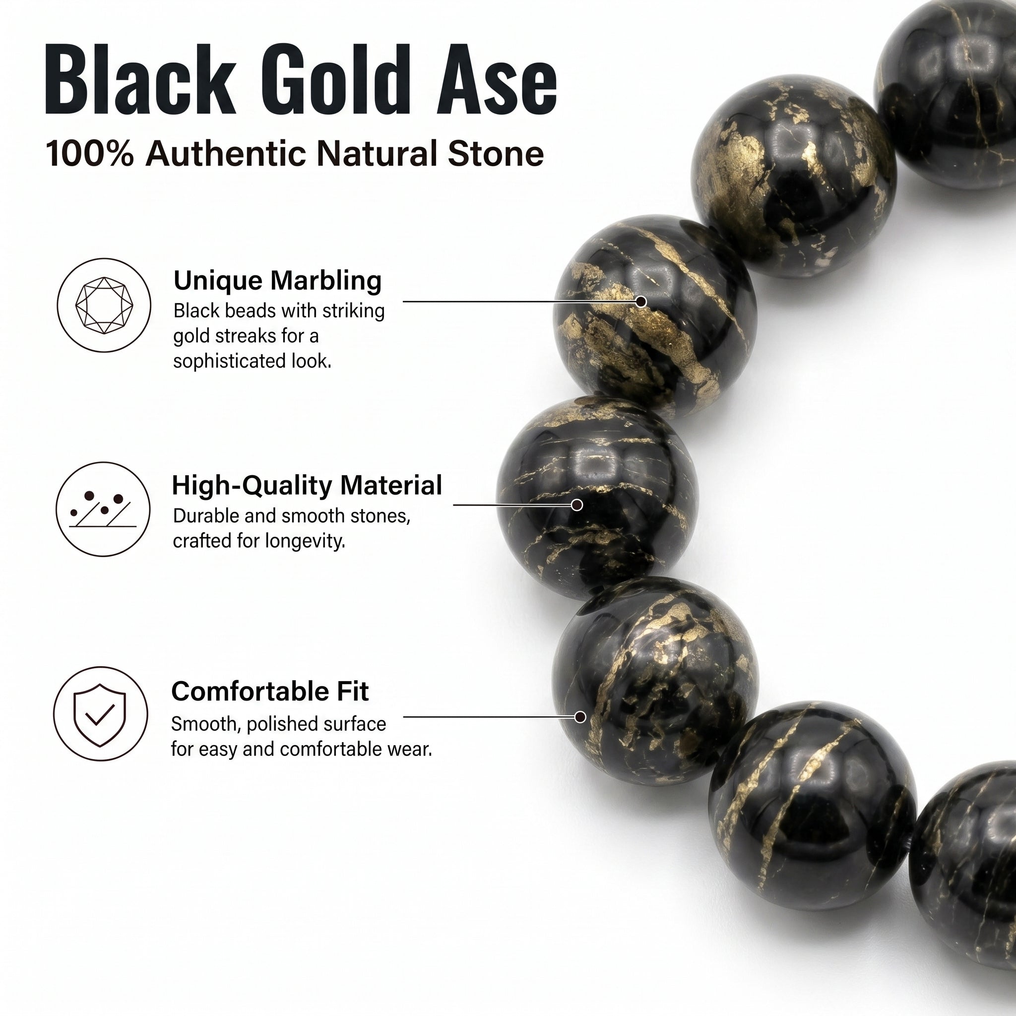 Premium Black Gold Azeztulite Beaded Bracelet | Hand-Polished Natural Gemstone Jewelry for Balance & Harmony