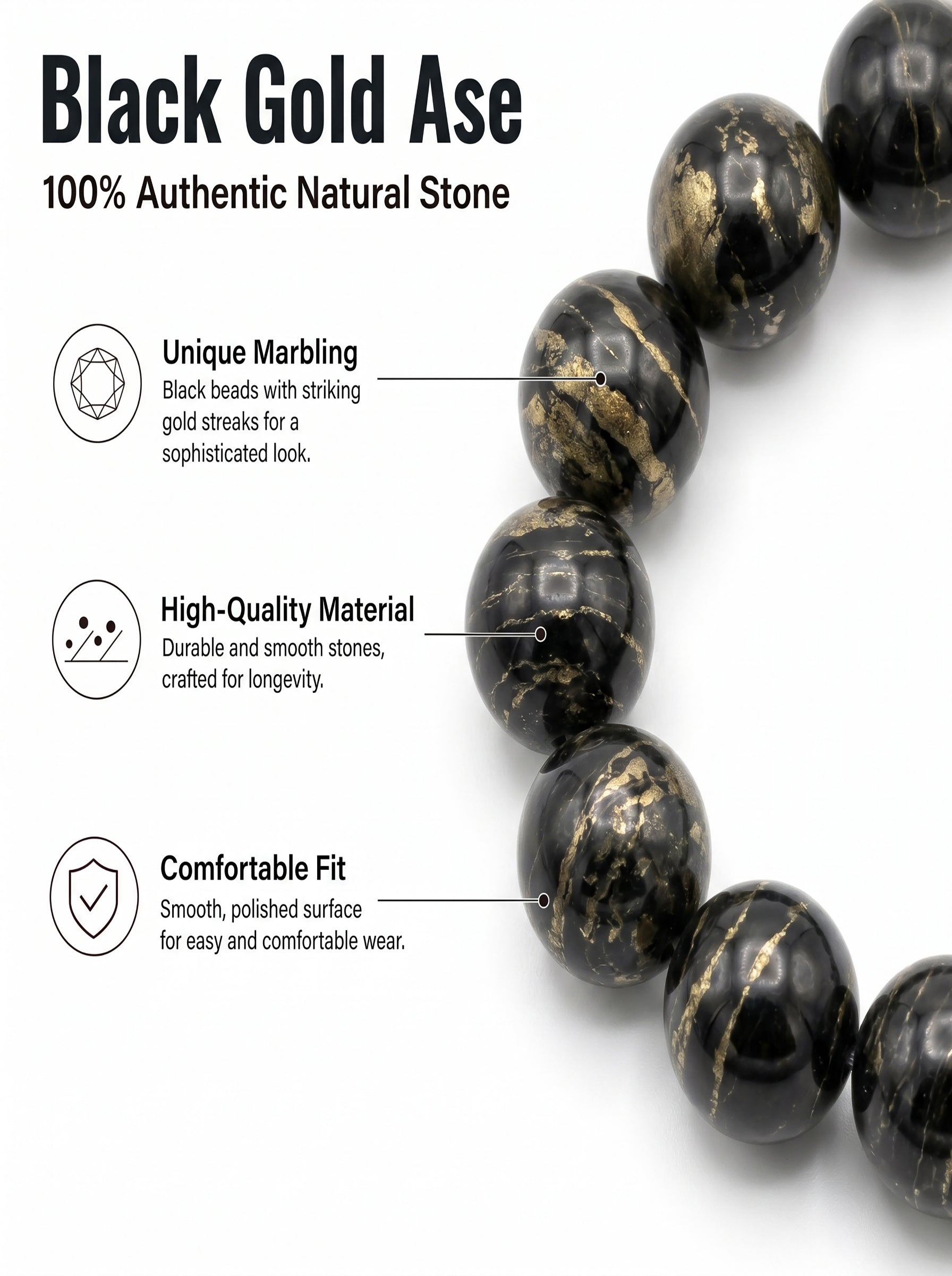 Premium Black Gold Azeztulite Beaded Bracelet | Hand-Polished Natural Gemstone Jewelry for Balance & Harmony