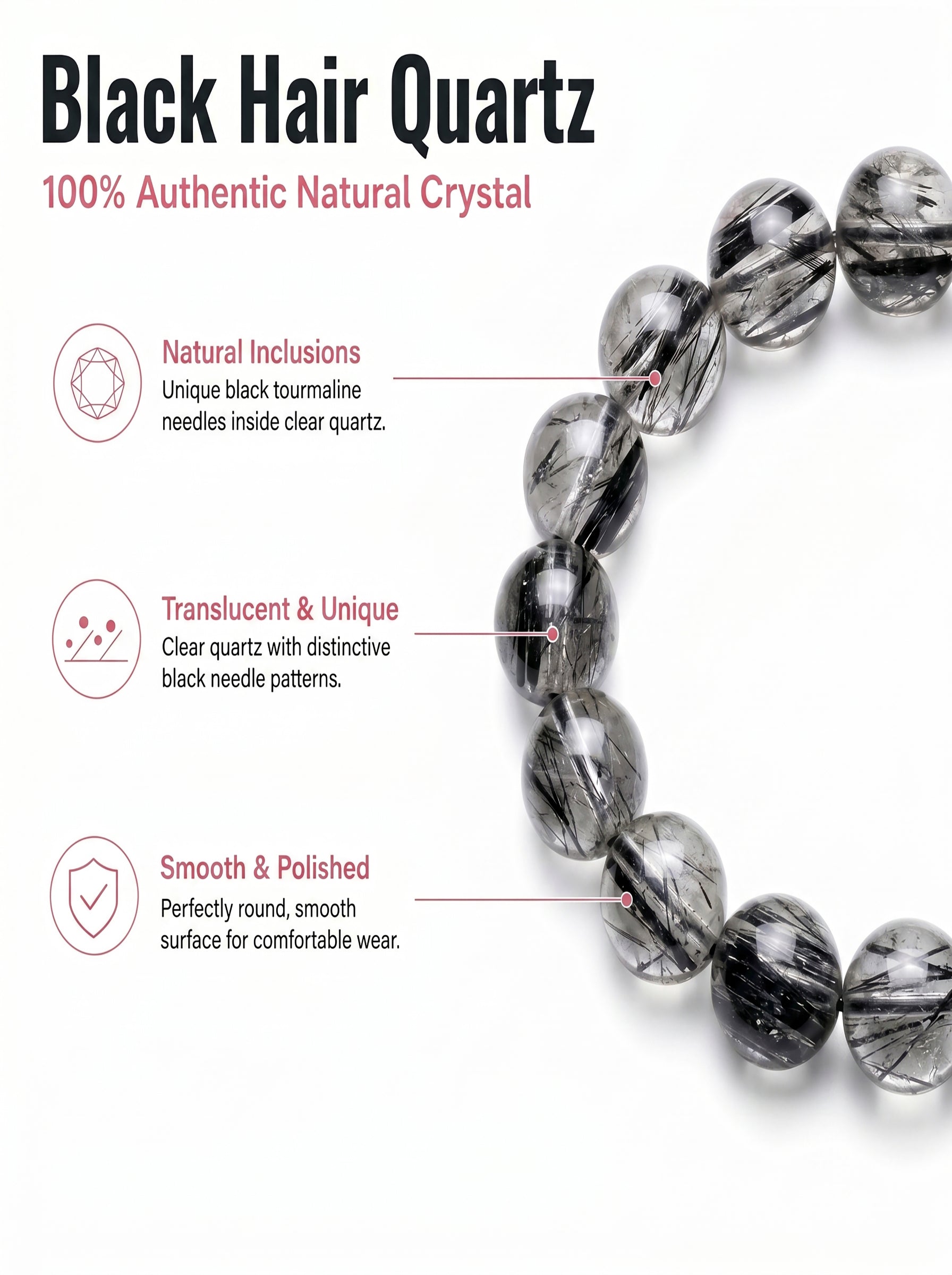 Premium Black Rutilated Quartz Beaded Bracelet | Hand-Polished Natural Gemstone Jewelry for Success & Clarity
