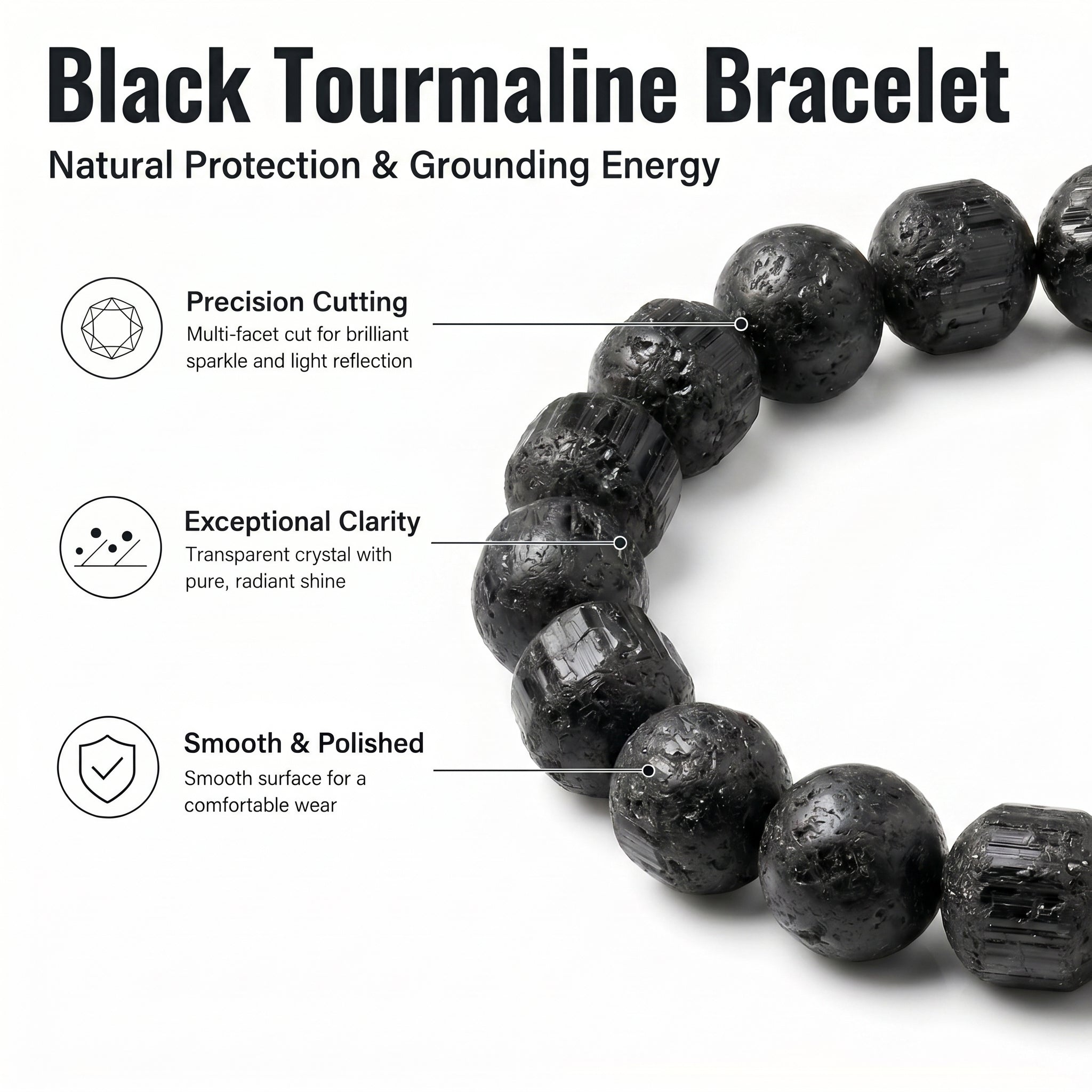 Premium Black Tourmaline Beaded Bracelet | Hand-Polished Natural Gemstone Jewelry for Energy Cleansing