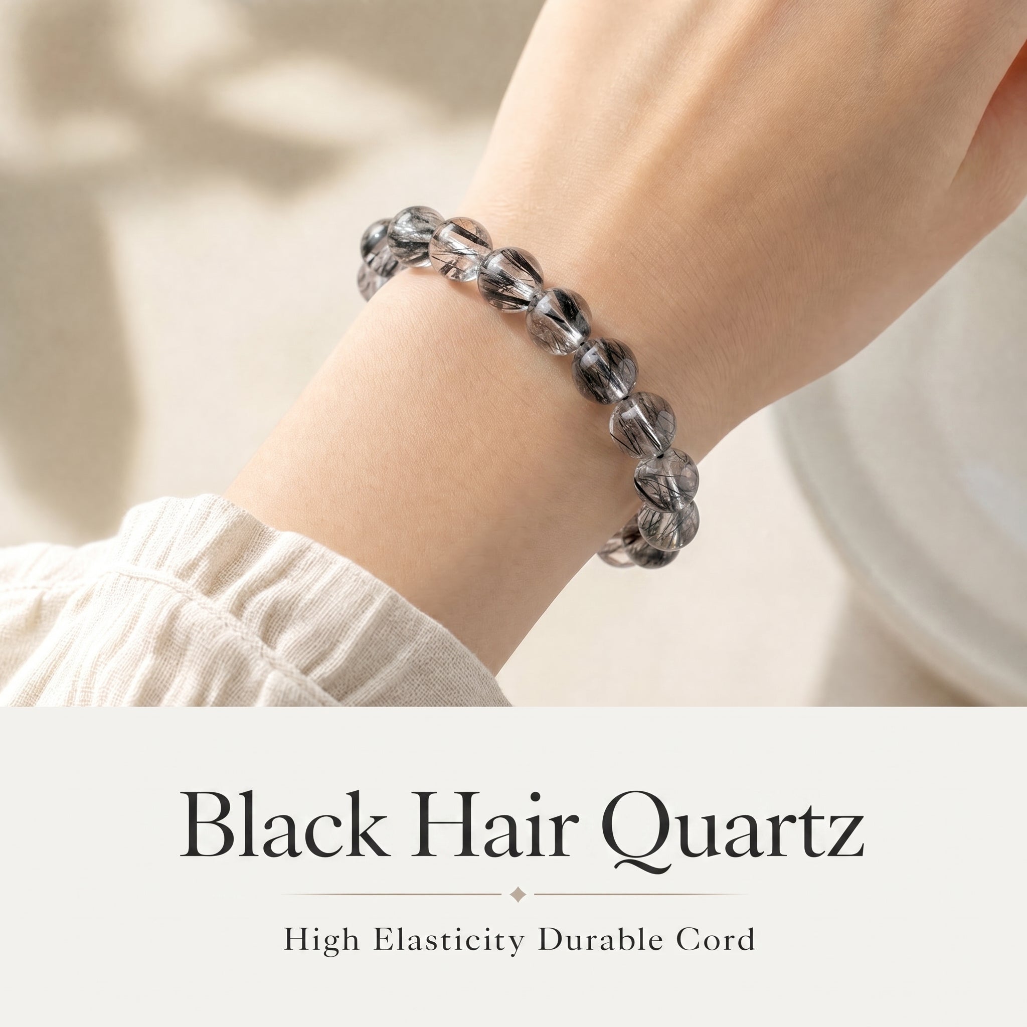 Premium Black Rutilated Quartz Beaded Bracelet | Hand-Polished Natural Gemstone Jewelry for Success & Clarity