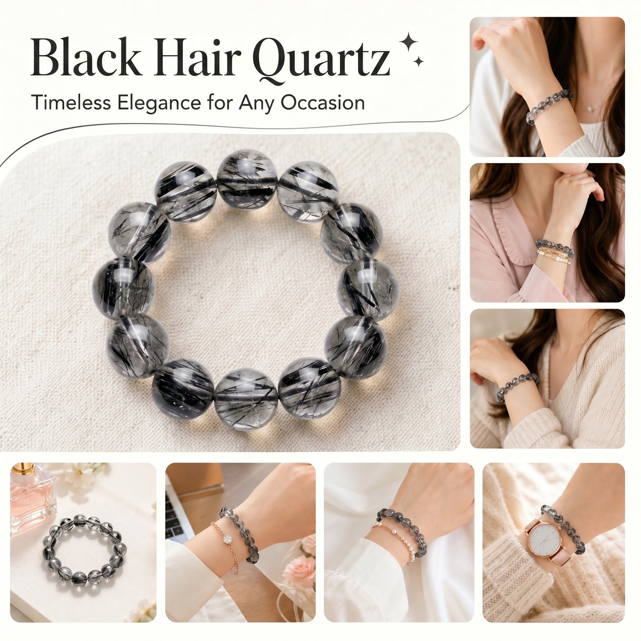 Premium Black Rutilated Quartz Beaded Bracelet | Hand-Polished Natural Gemstone Jewelry for Success & Clarity