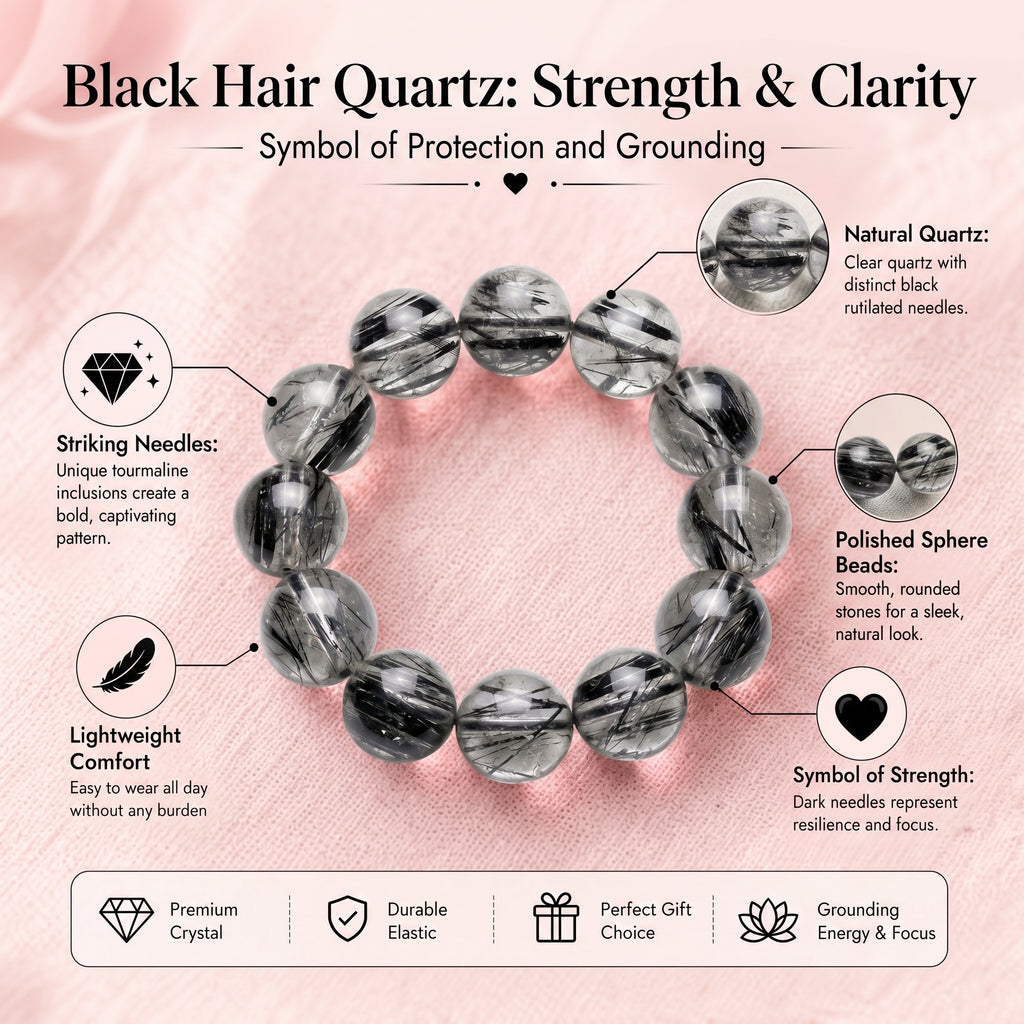 Premium Black Rutilated Quartz Beaded Bracelet | Hand-Polished Natural Gemstone Jewelry for Success & Clarity
