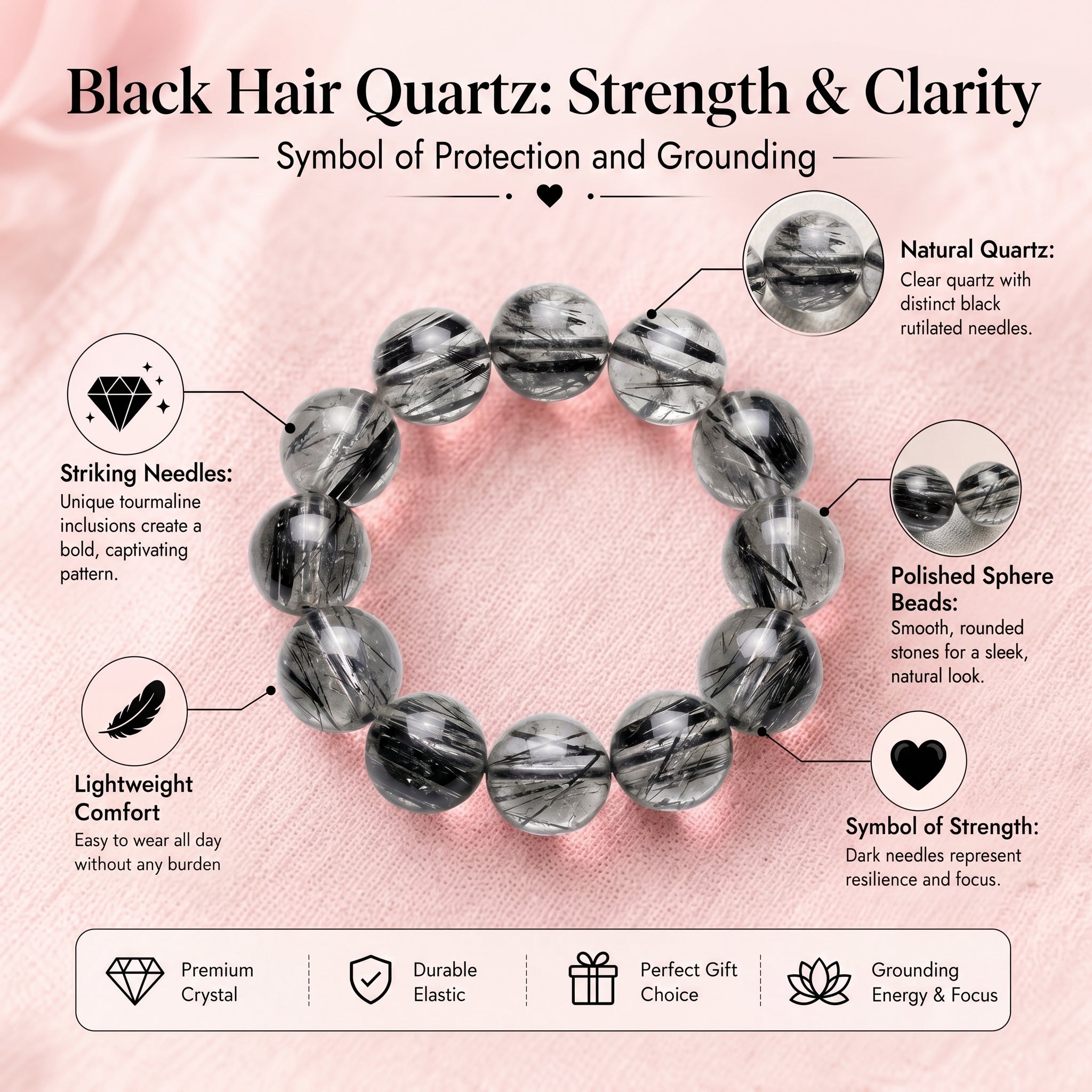 Premium Black Rutilated Quartz Beaded Bracelet | Hand-Polished Natural Gemstone Jewelry for Success & Clarity