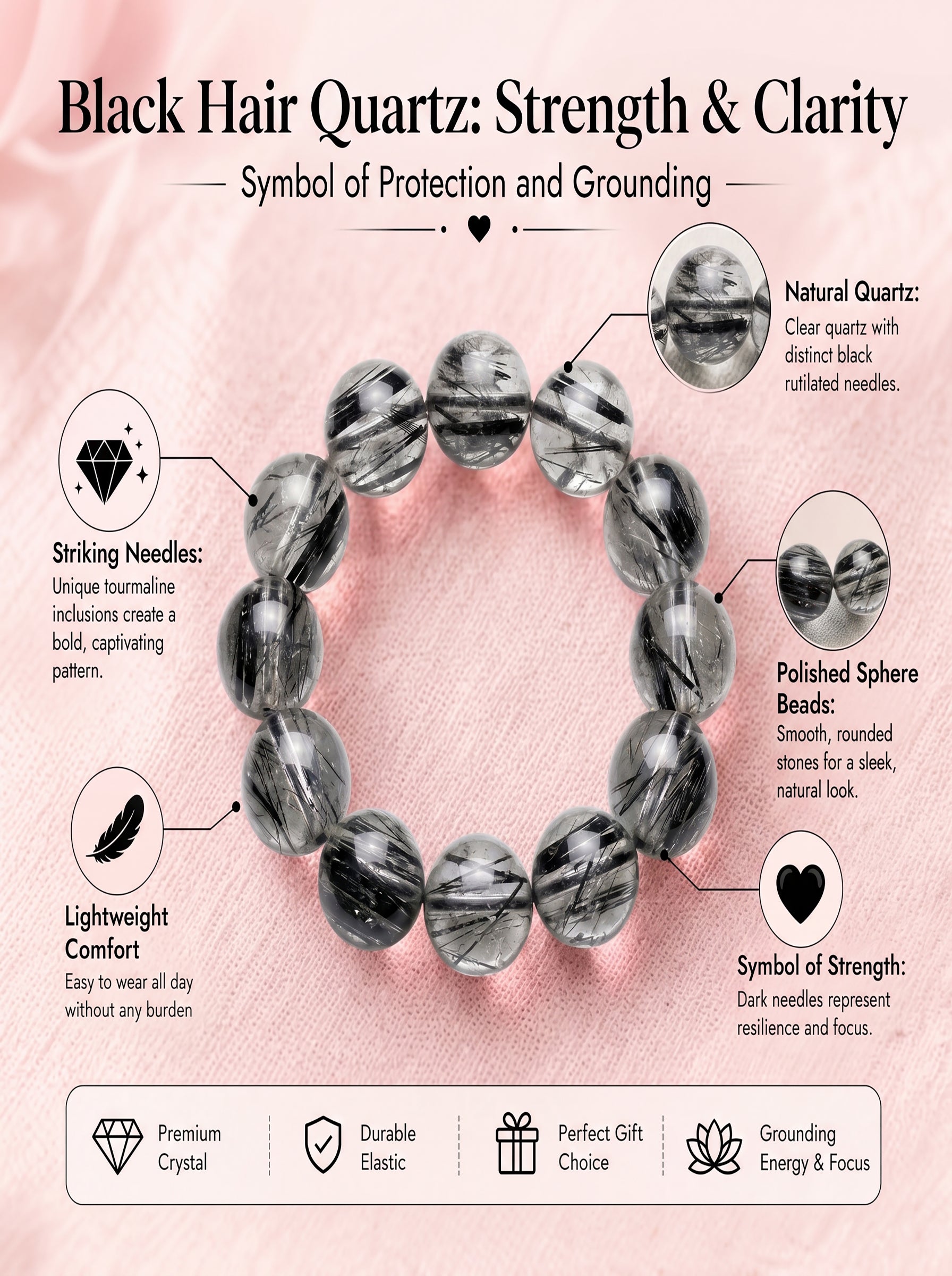 Premium Black Rutilated Quartz Beaded Bracelet | Hand-Polished Natural Gemstone Jewelry for Success & Clarity