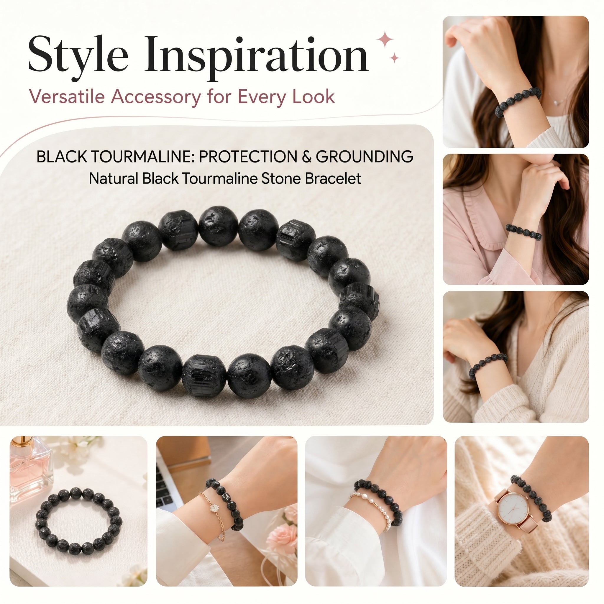 Premium Black Tourmaline Beaded Bracelet | Hand-Polished Natural Gemstone Jewelry for Energy Cleansing