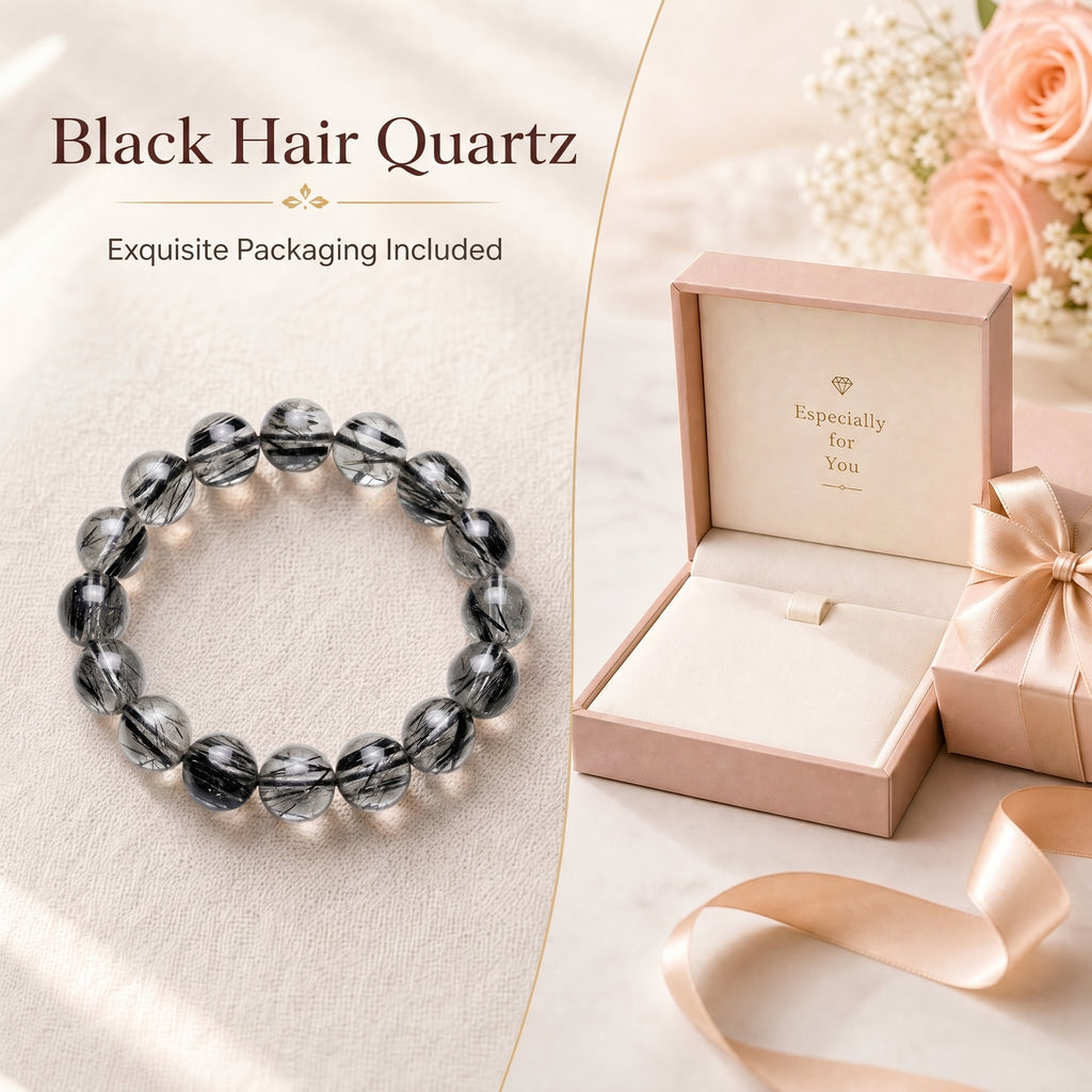 Premium Black Rutilated Quartz Beaded Bracelet | Hand-Polished Natural Gemstone Jewelry for Success & Clarity