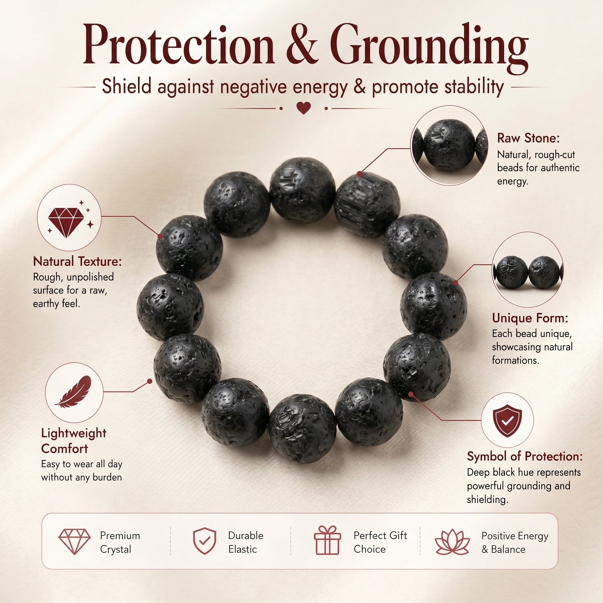 Premium Black Tourmaline Beaded Bracelet | Hand-Polished Natural Gemstone Jewelry for Energy Cleansing