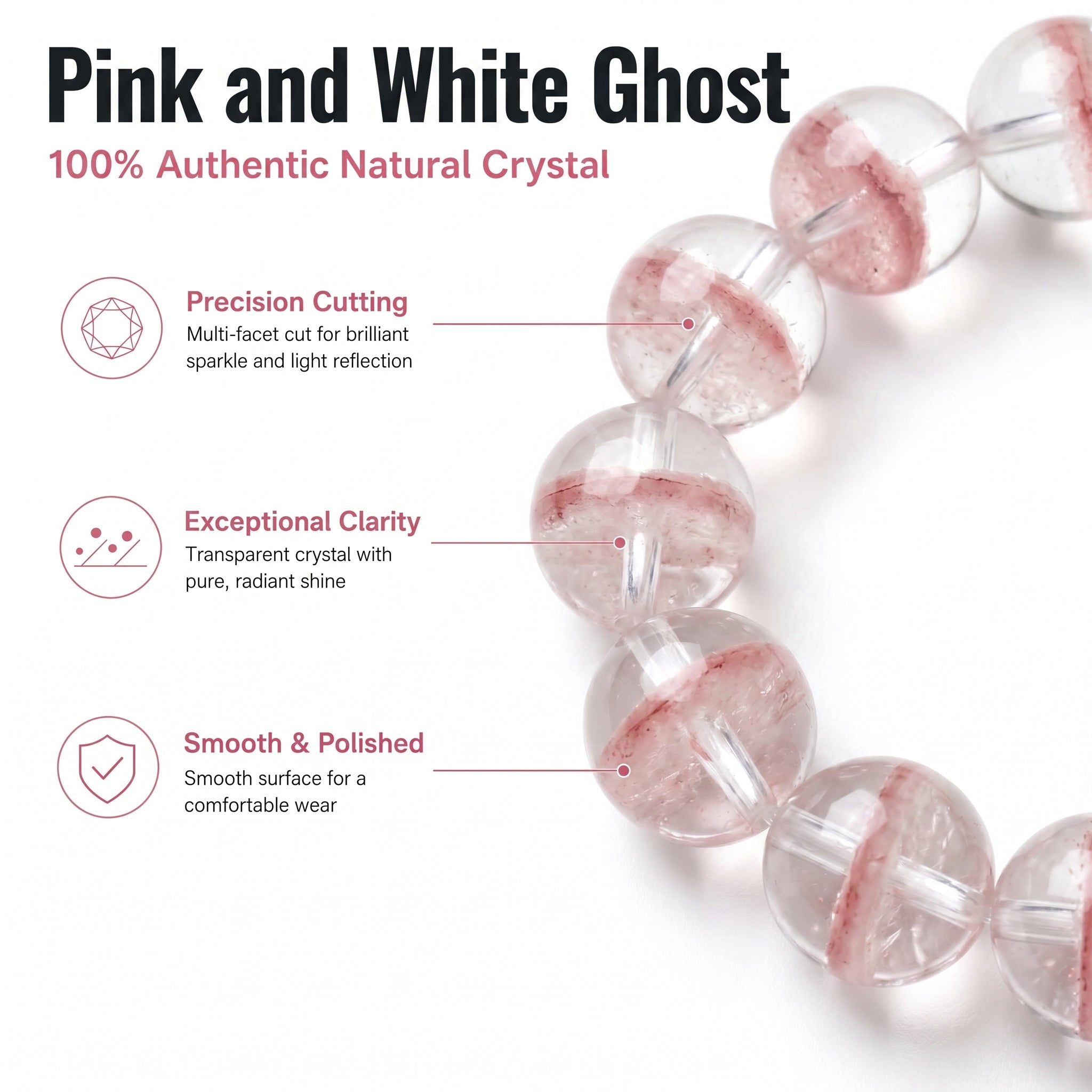 Premium Pink & White Phantom Beaded Bracelet | Hand-Polished Natural Gemstone Jewelry for Inner Peace & Clarity